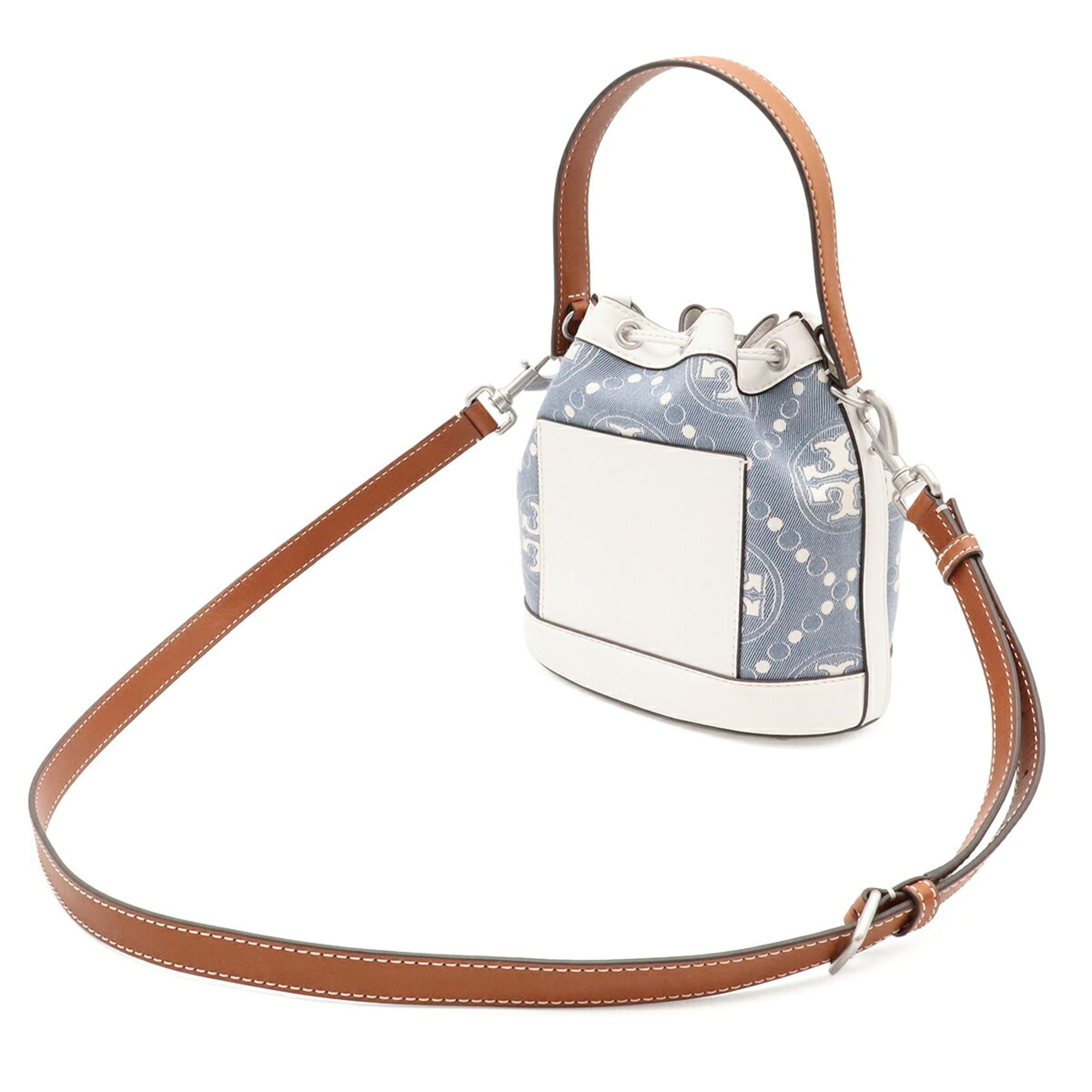 Tory Burch Brown Light Blue White Leather Denim Jacquard Handbag Shoulder Bag (Pre-Owned)