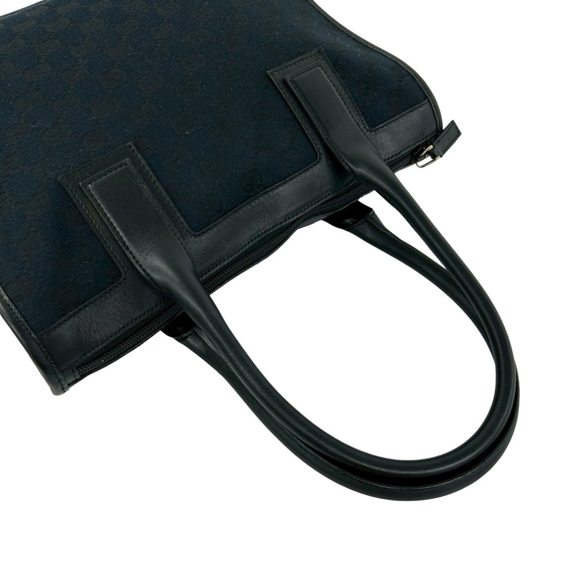 Gucci Black Dark Navy Leather Canvas Handbag Tote Bag (Pre-Owned)