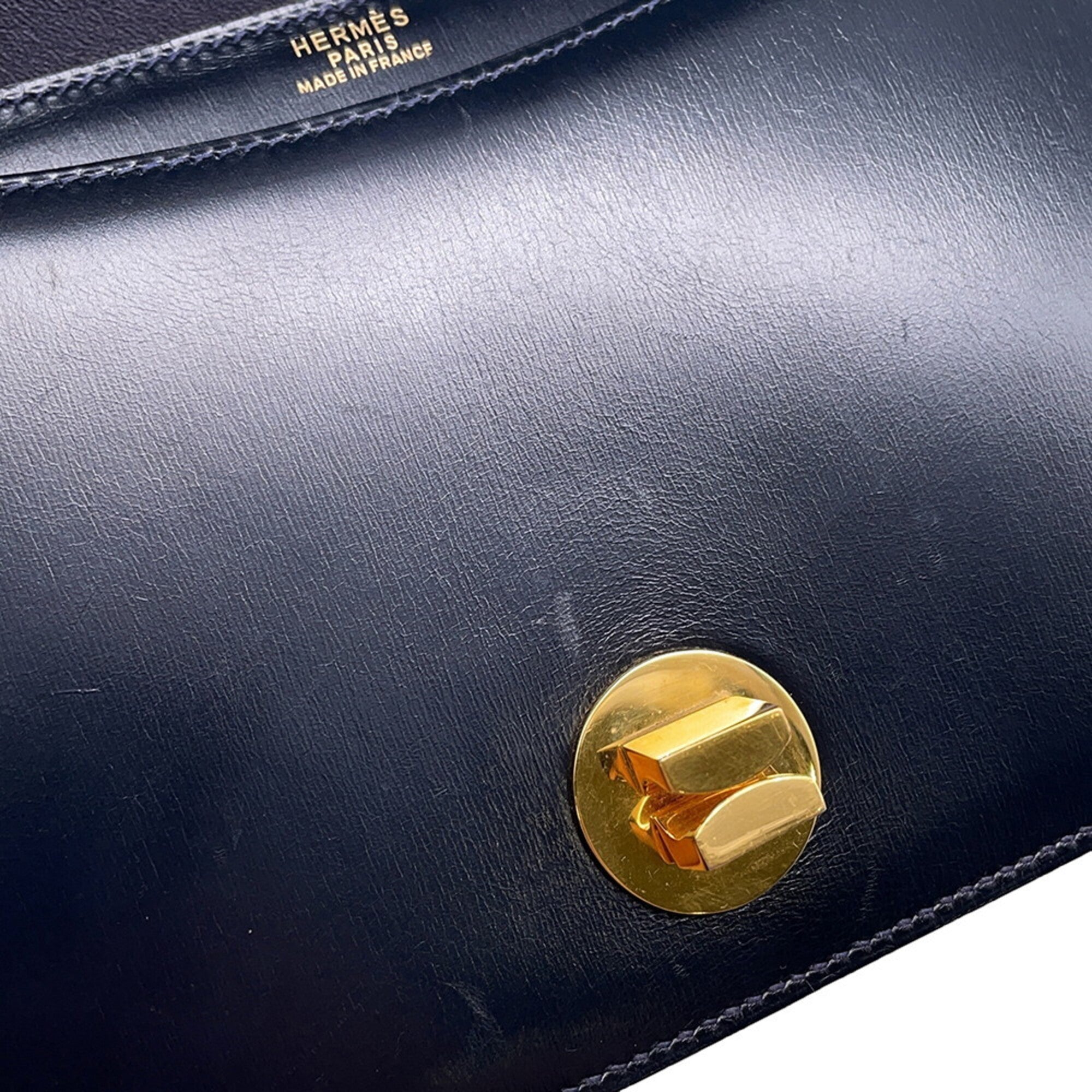 Hermes Navy Box Calf Leather Handbag Shoulder Bag (Pre-Owned)