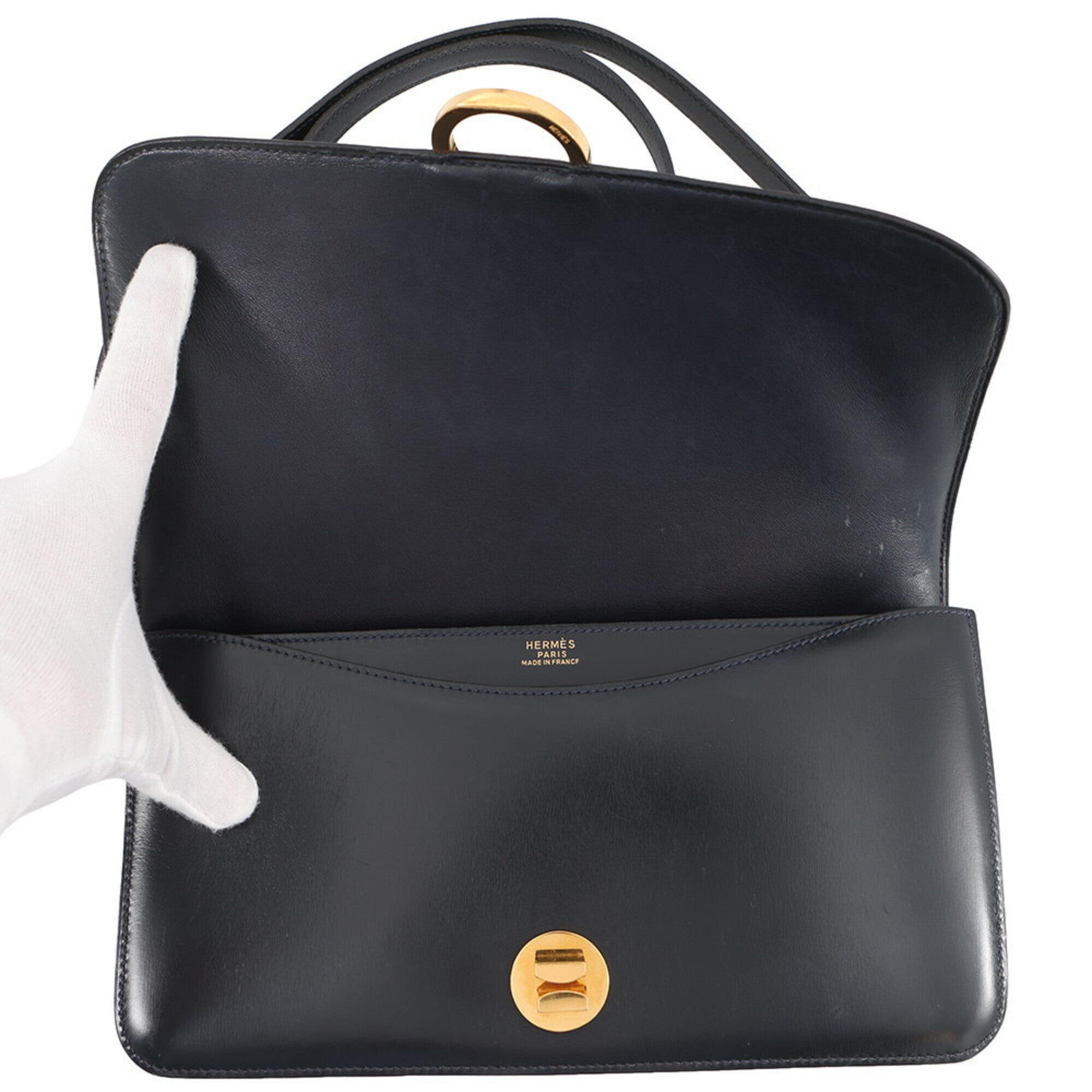 Hermes Navy Box Calf Leather Handbag Shoulder Bag (Pre-Owned)