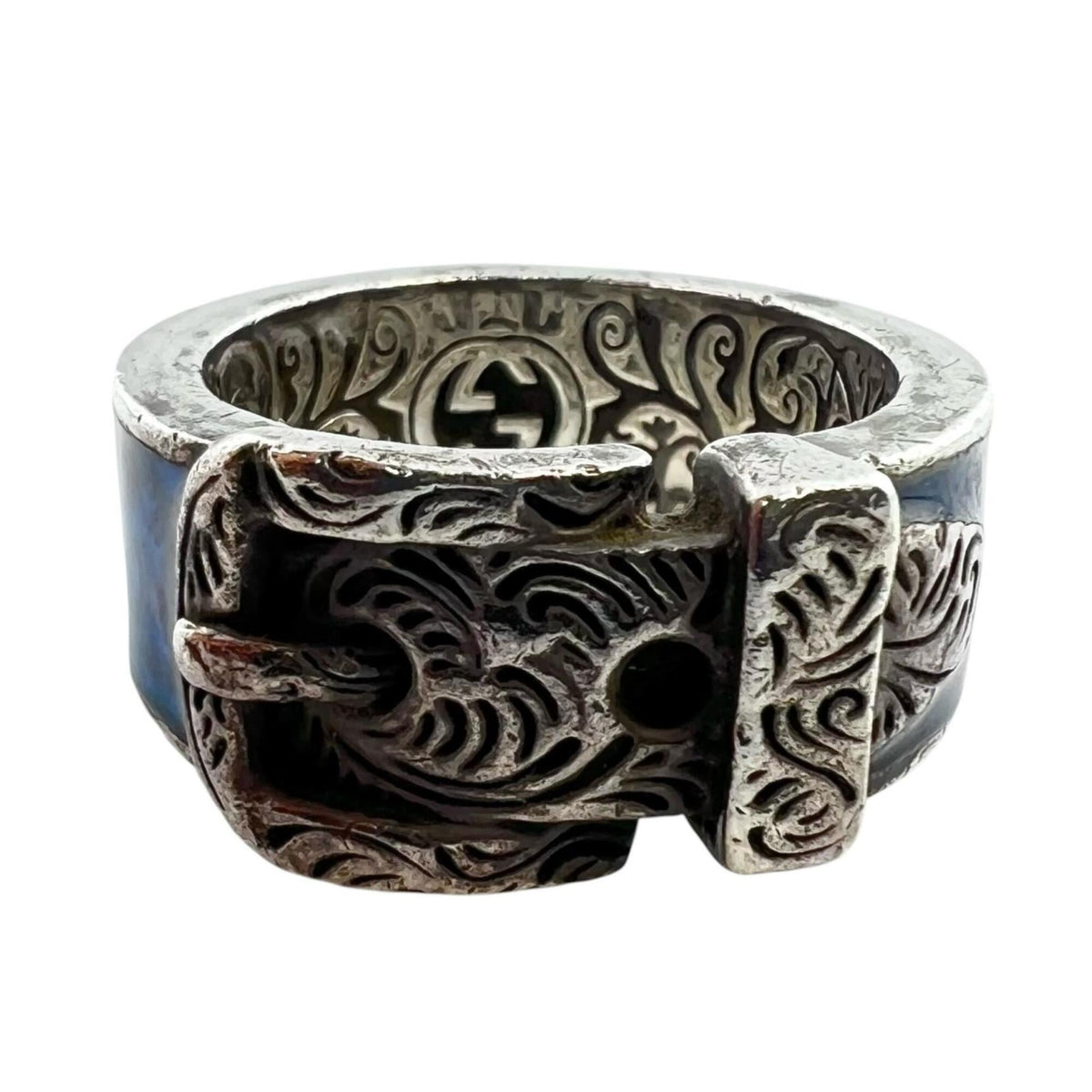 Gucci Silver Blue Enamel Sterling Silver Band Ring (Pre-Owned)