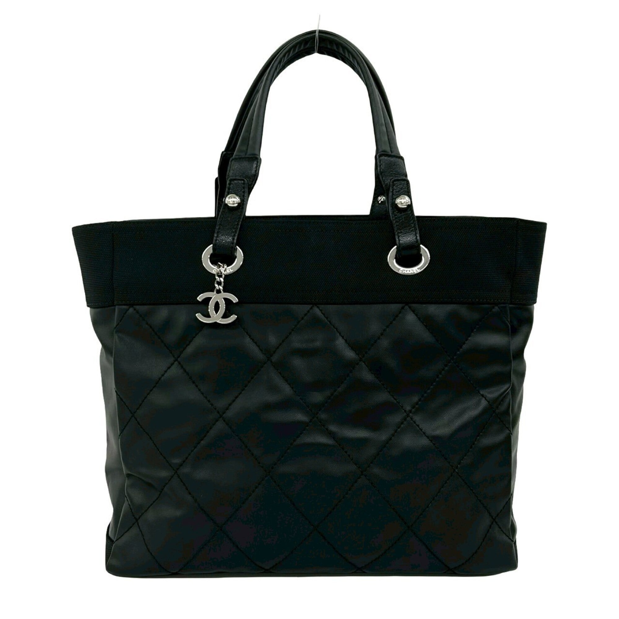 Chanel Black Leather Canvas Handbag Tote Bag (Pre-Owned)