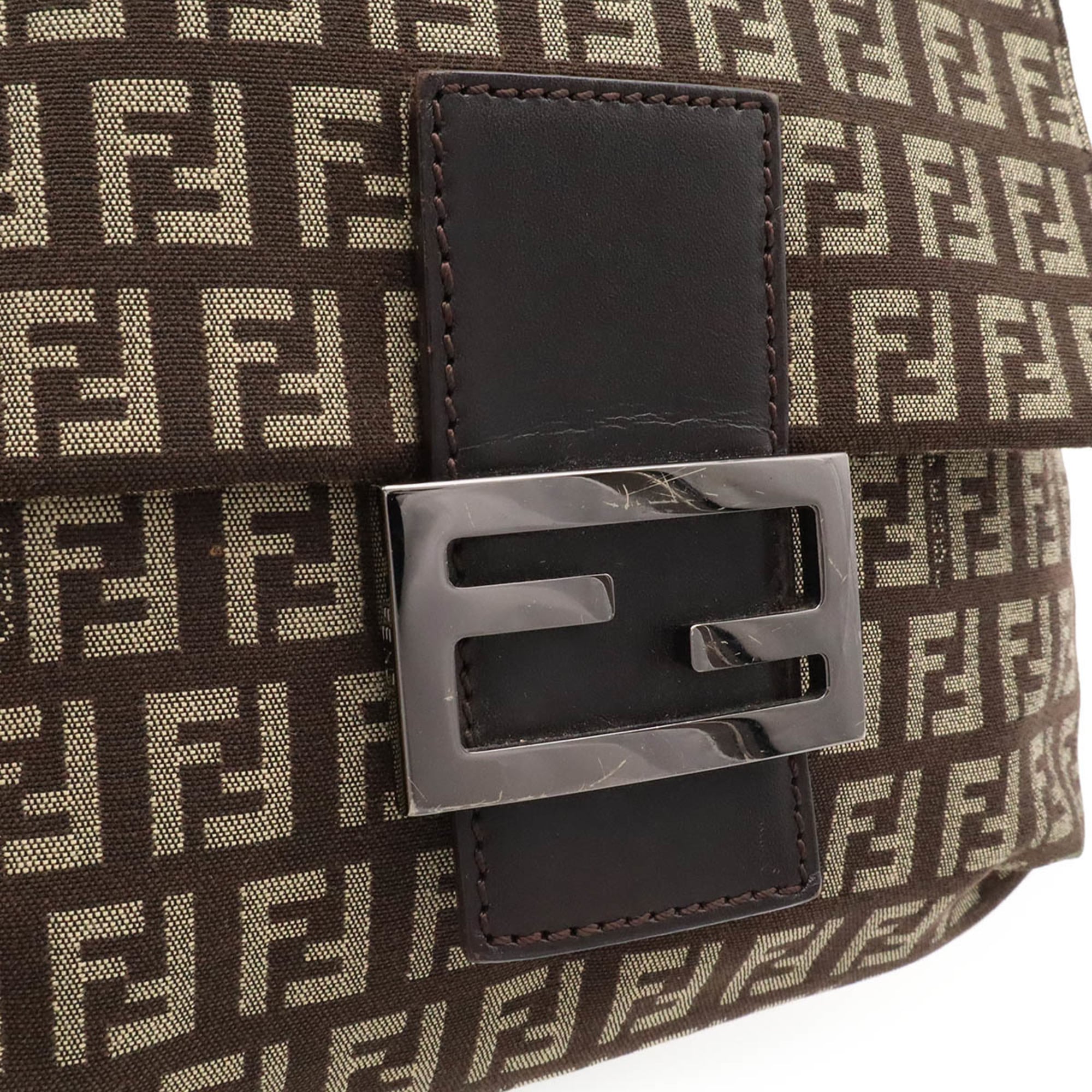 Fendi Zucchino Beige Dark Brown Khaki Canvas Leather Pochette Shoulder Bag (Pre-Owned)