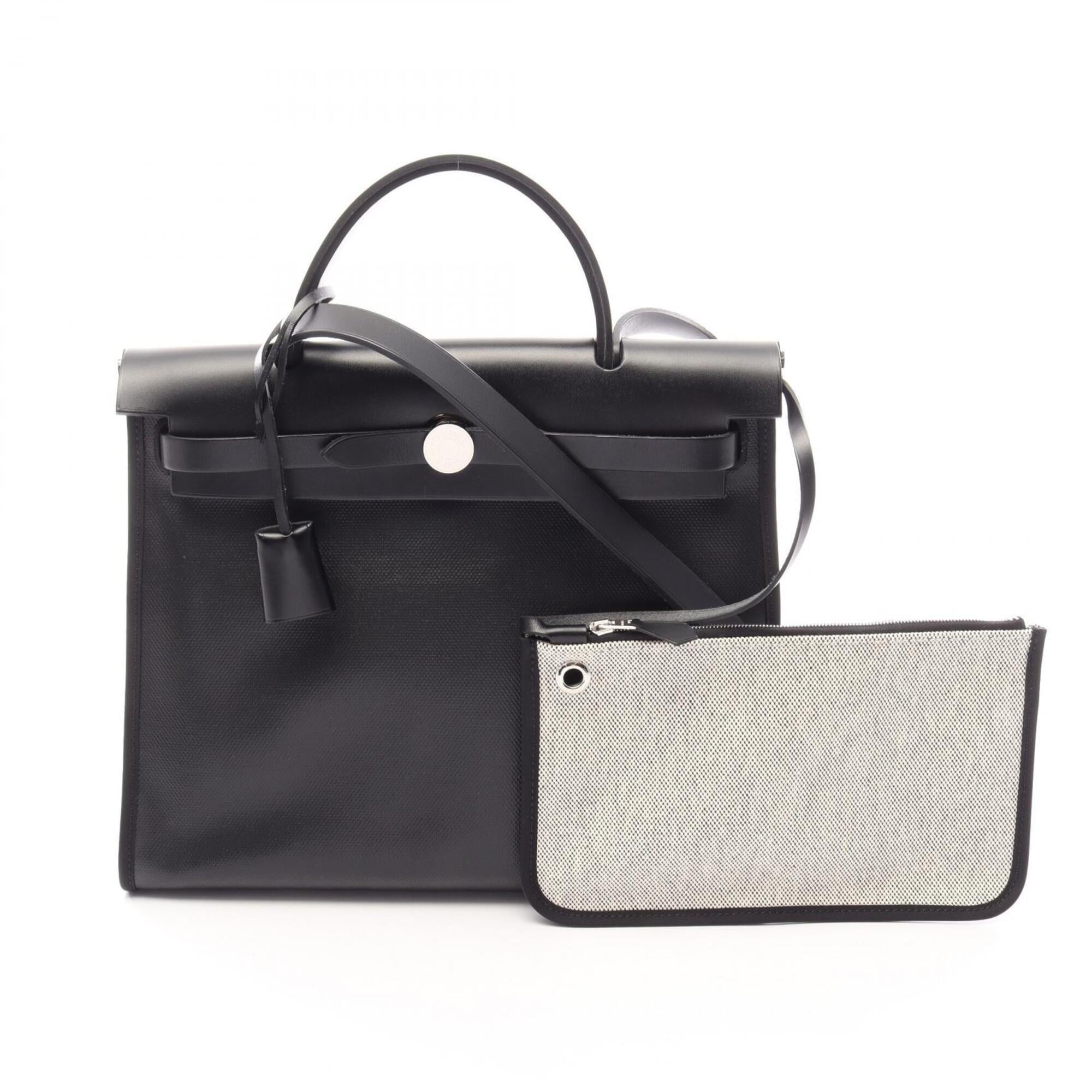 Hermes Beige Black Canvas Toile H Vache Leather Handbag Pouch (Pre-Owned)