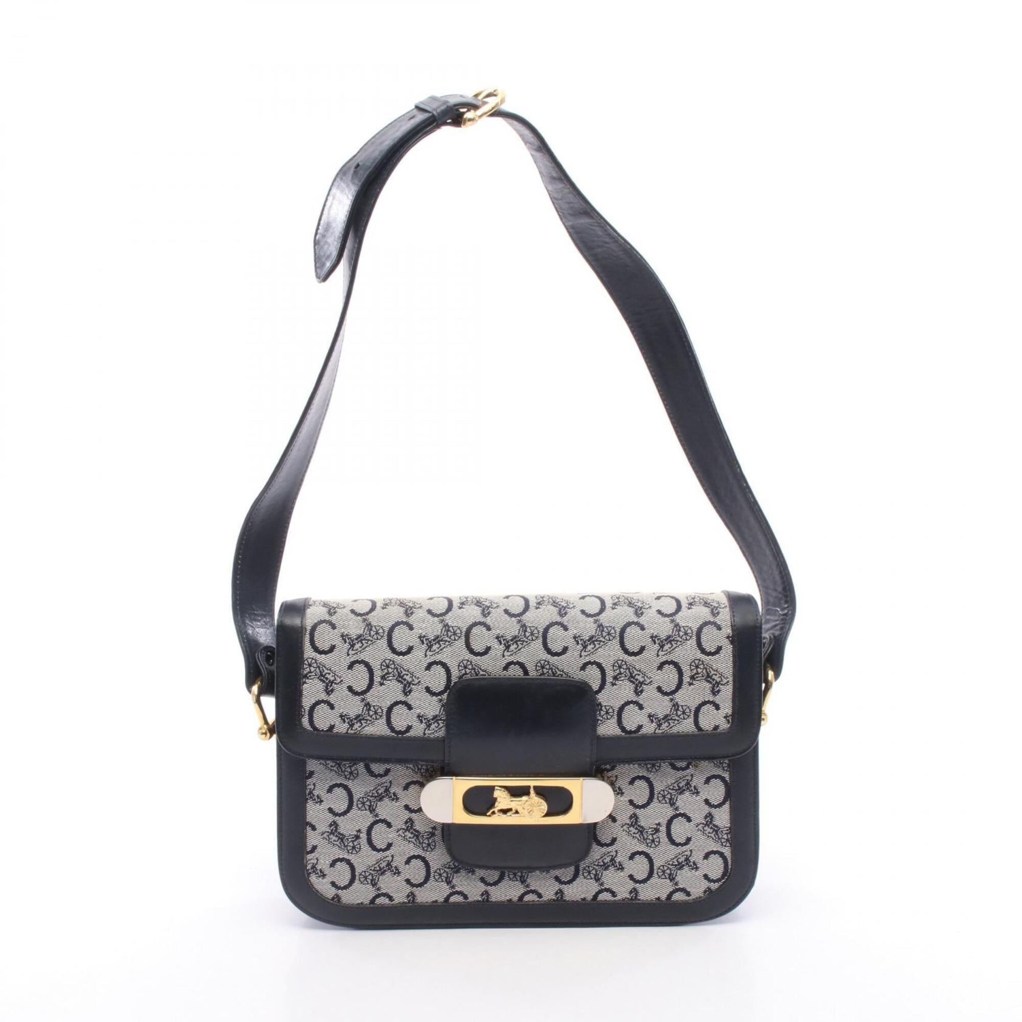 Celine Gray Navy Canvas Leather Handbag Shoulder Bag (Pre-Owned)