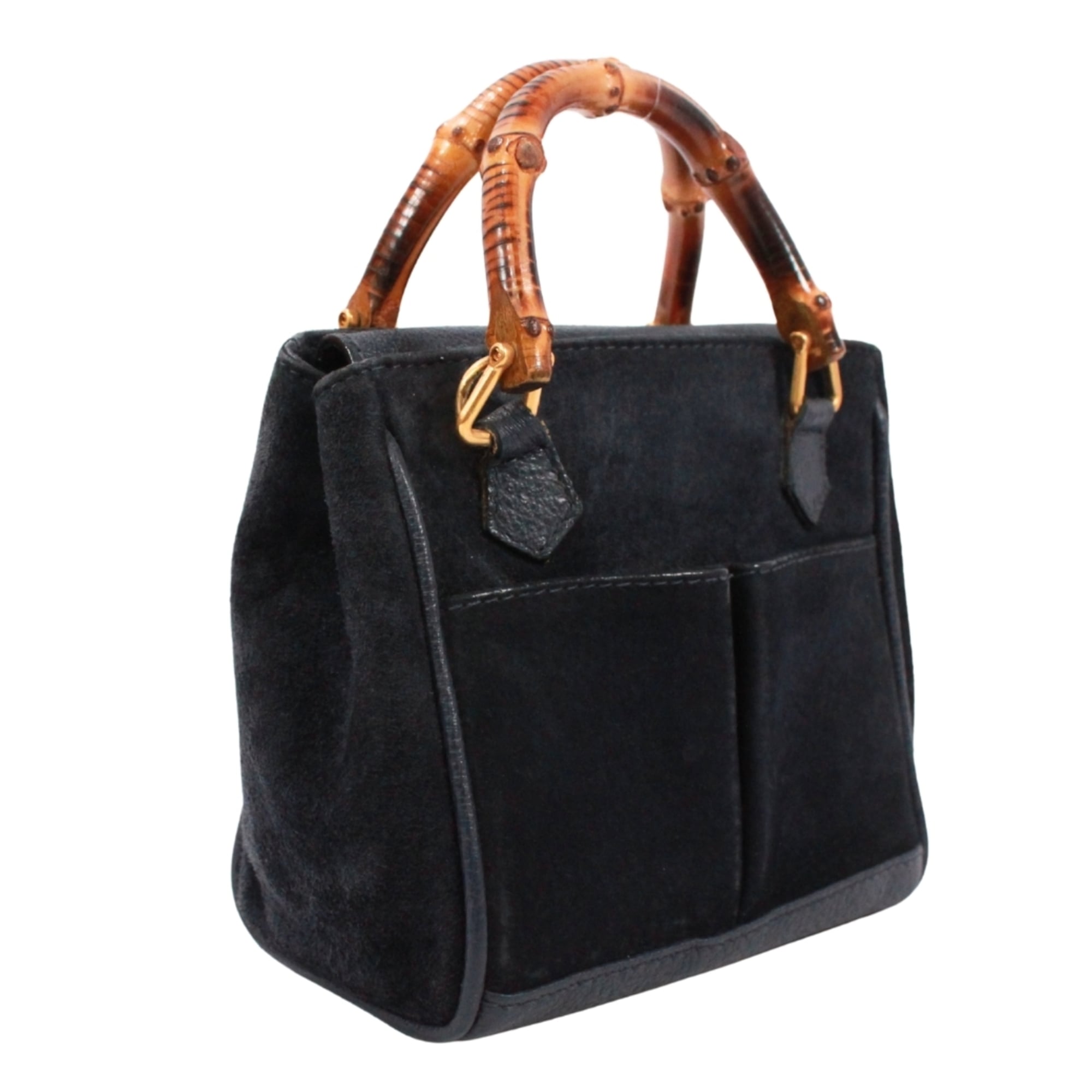 Gucci Navy Bamboo Leather Suede Shoulder Bag (Pre-Owned)