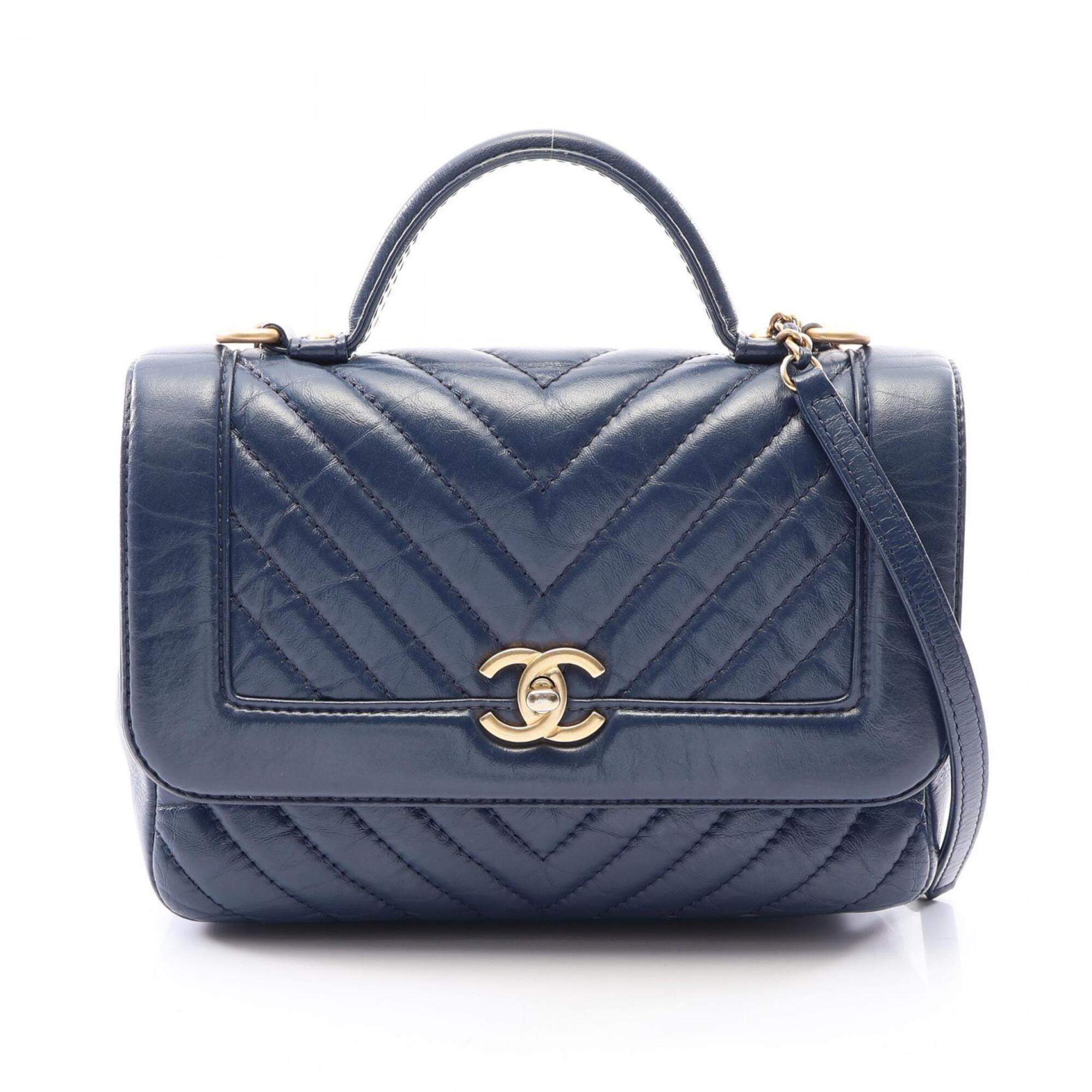 Chanel Navy Leather Handbag Shoulder Bag (Pre-Owned)