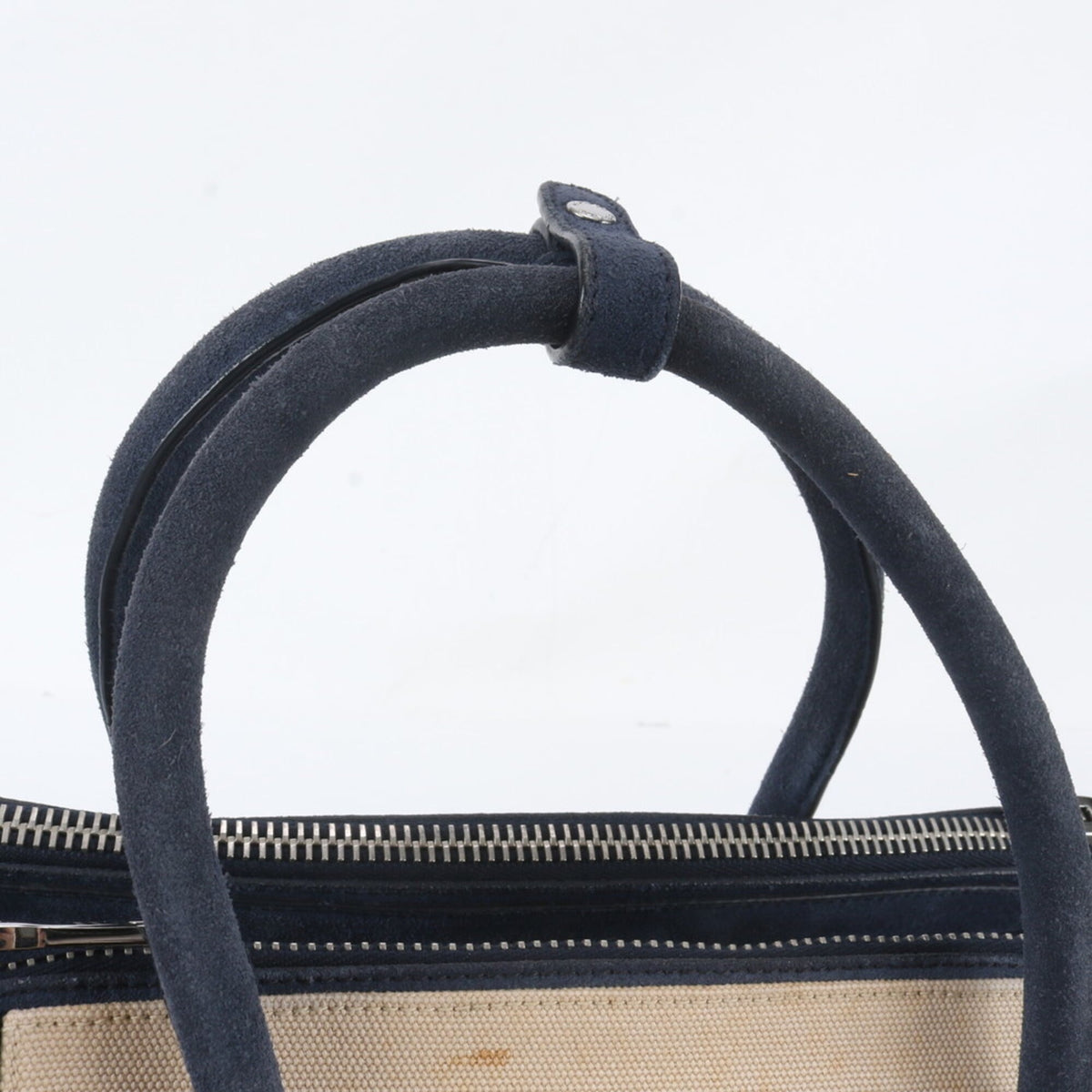 Prada Beige Navy Leather Canvas Handbag Shoulder Bag Tote Bag (Pre-Owned)