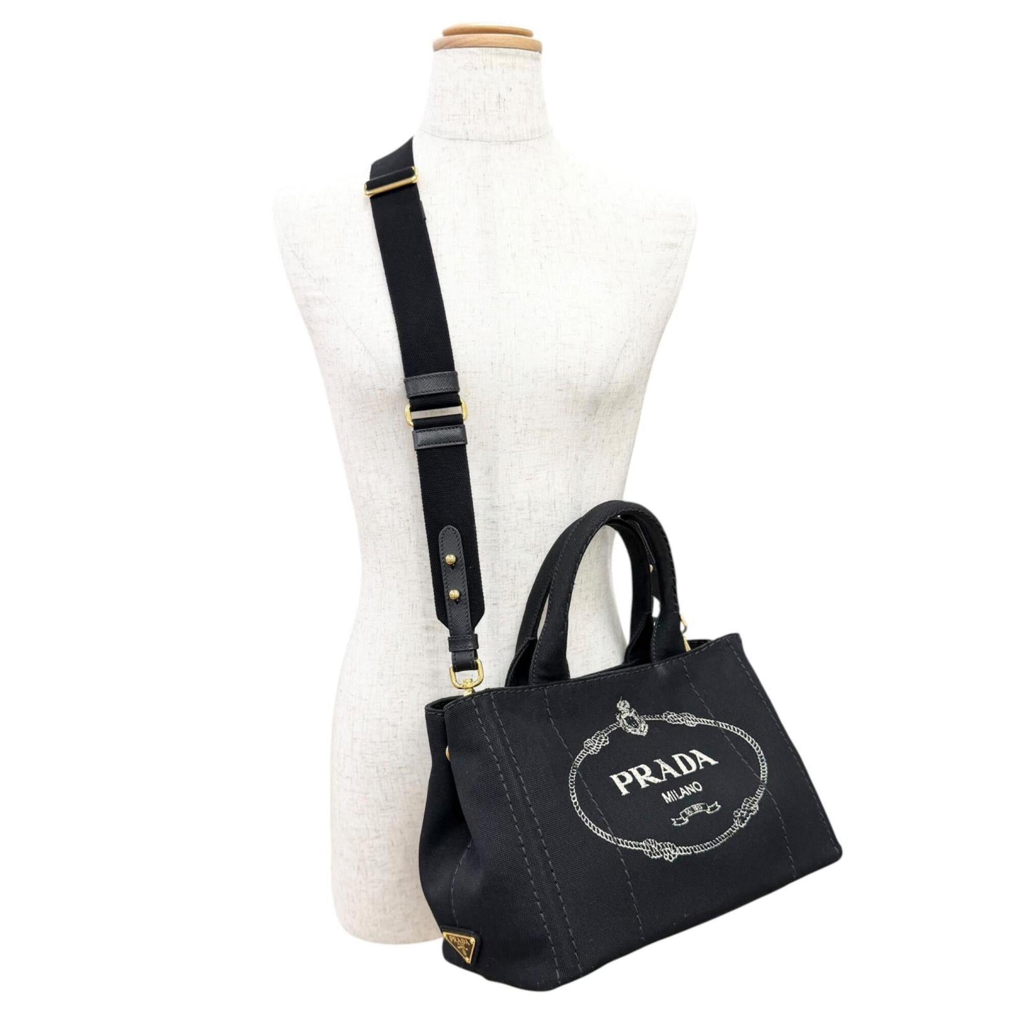 Prada Black Leather Canvas Tote Bag (Pre-Owned)