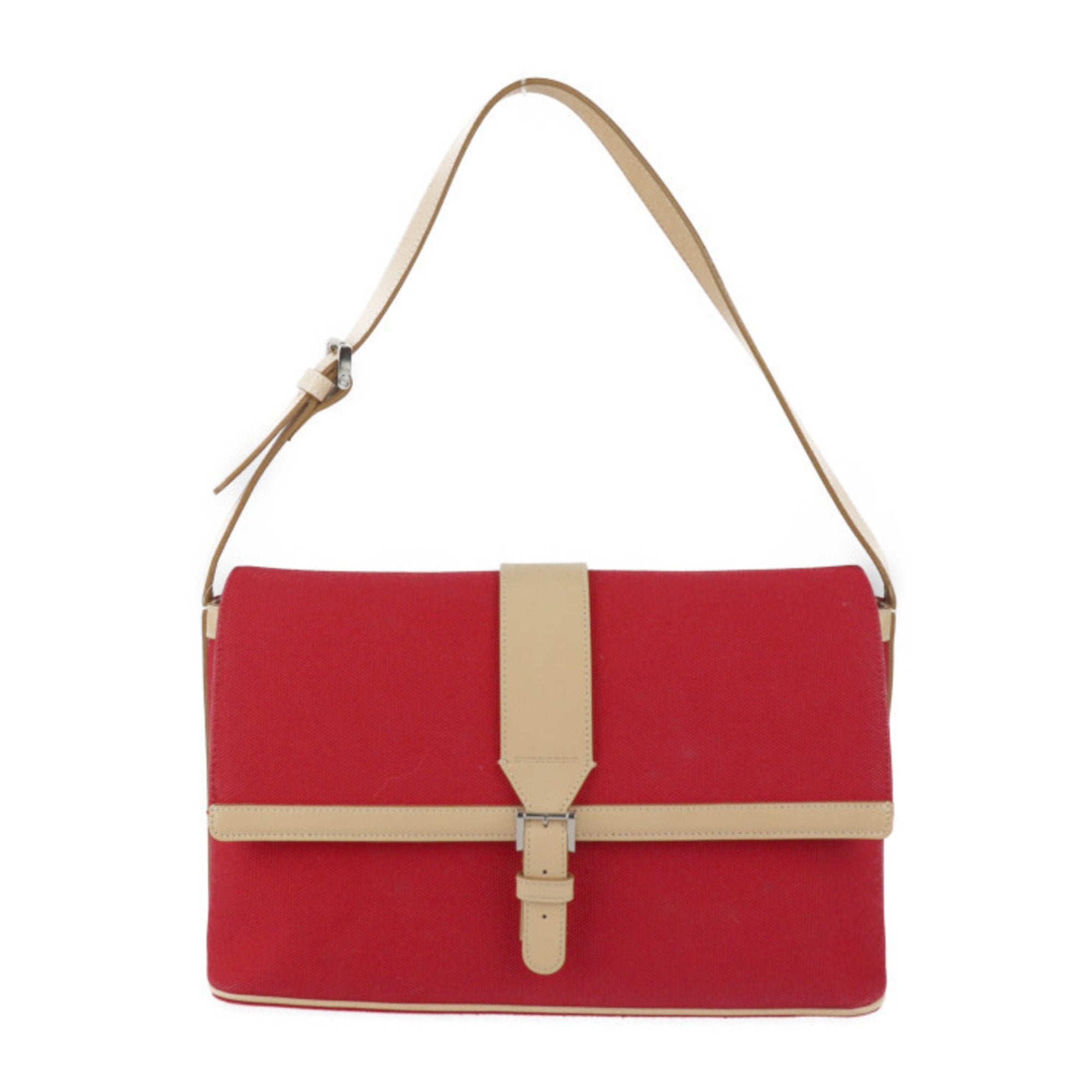 Burberry Beige Red Color Canvas Leather Handbag Shoulder Bag Tote Bag (Pre-Owned)