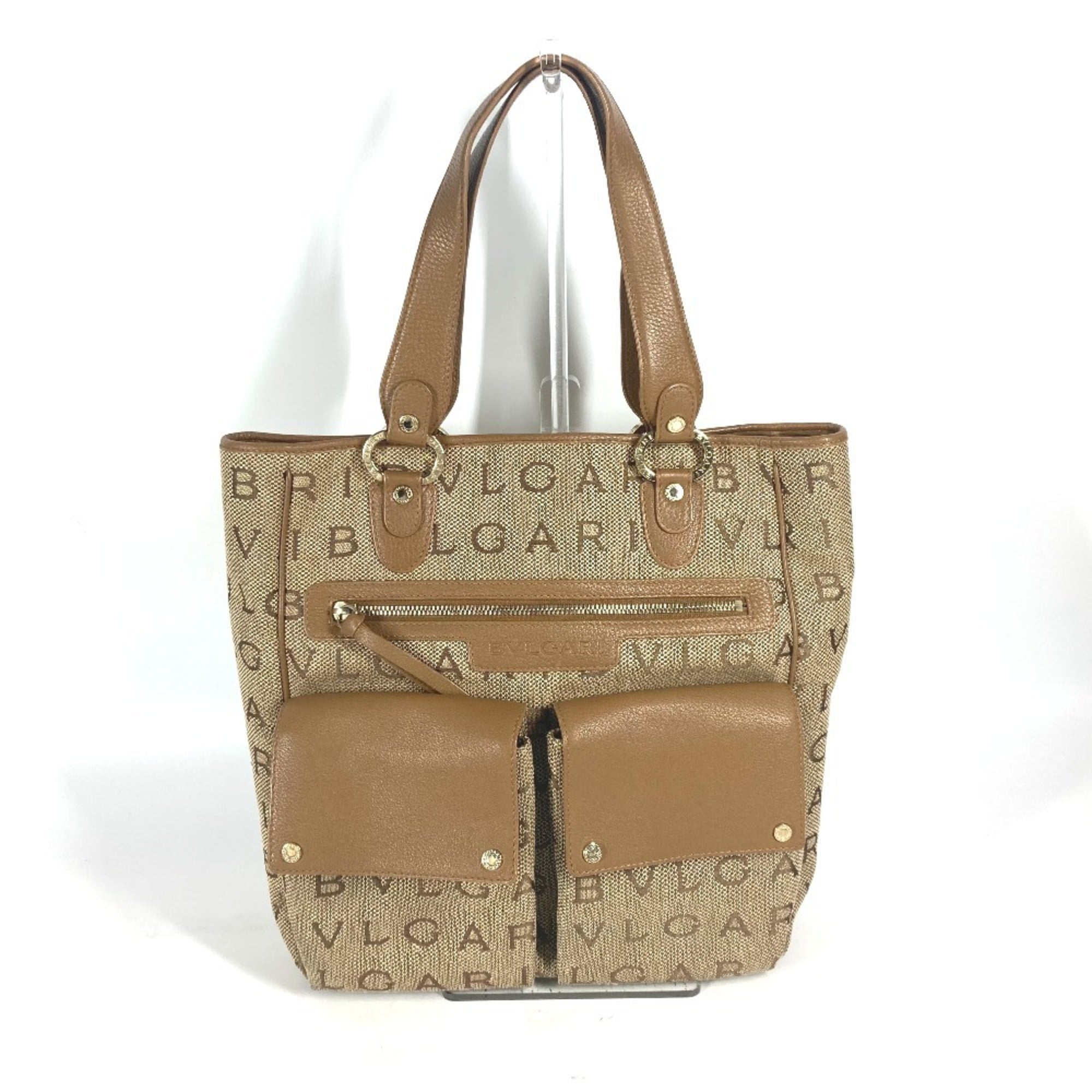 Bvlgari Logomania Beige Leather Canvas Shoulder Bag Tote Bag (Pre-Owned)