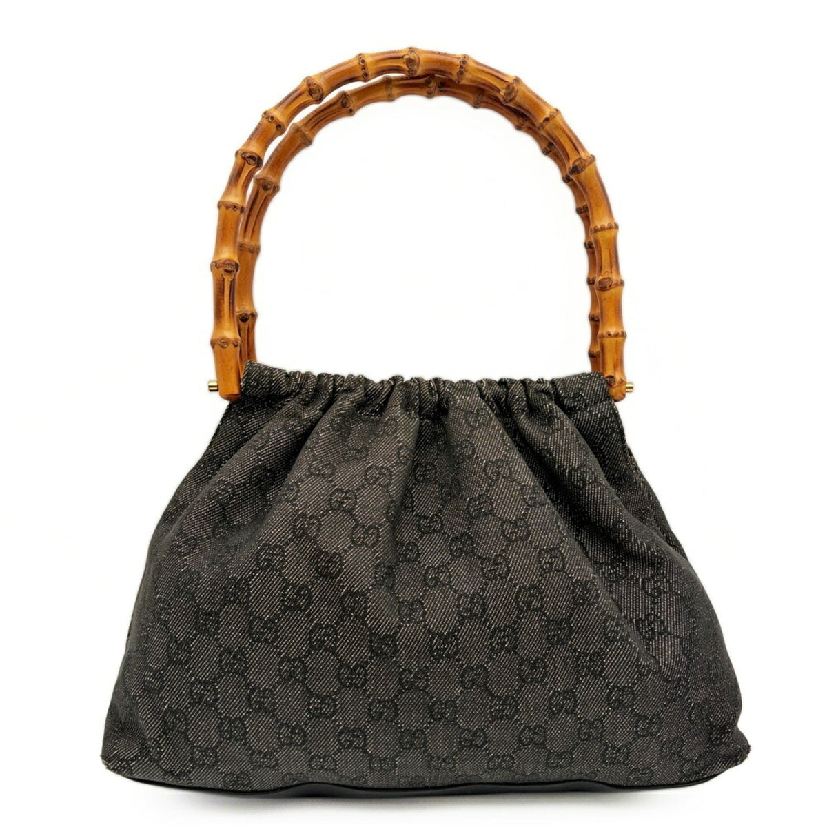 Gucci Black Dark Gray Bamboo Gg Canvas Leather Shoulder Bag Tote Bag (Pre-Owned)