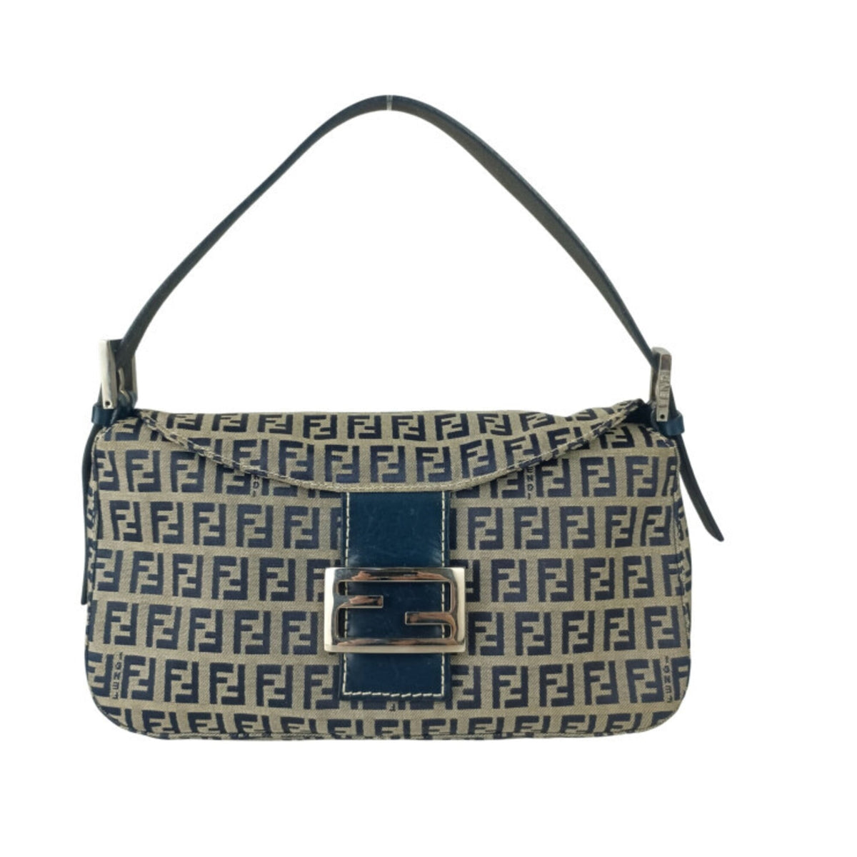 Fendi Zucca Gray Navy Canvas Leather Handbag Shoulder Bag (Pre-Owned)