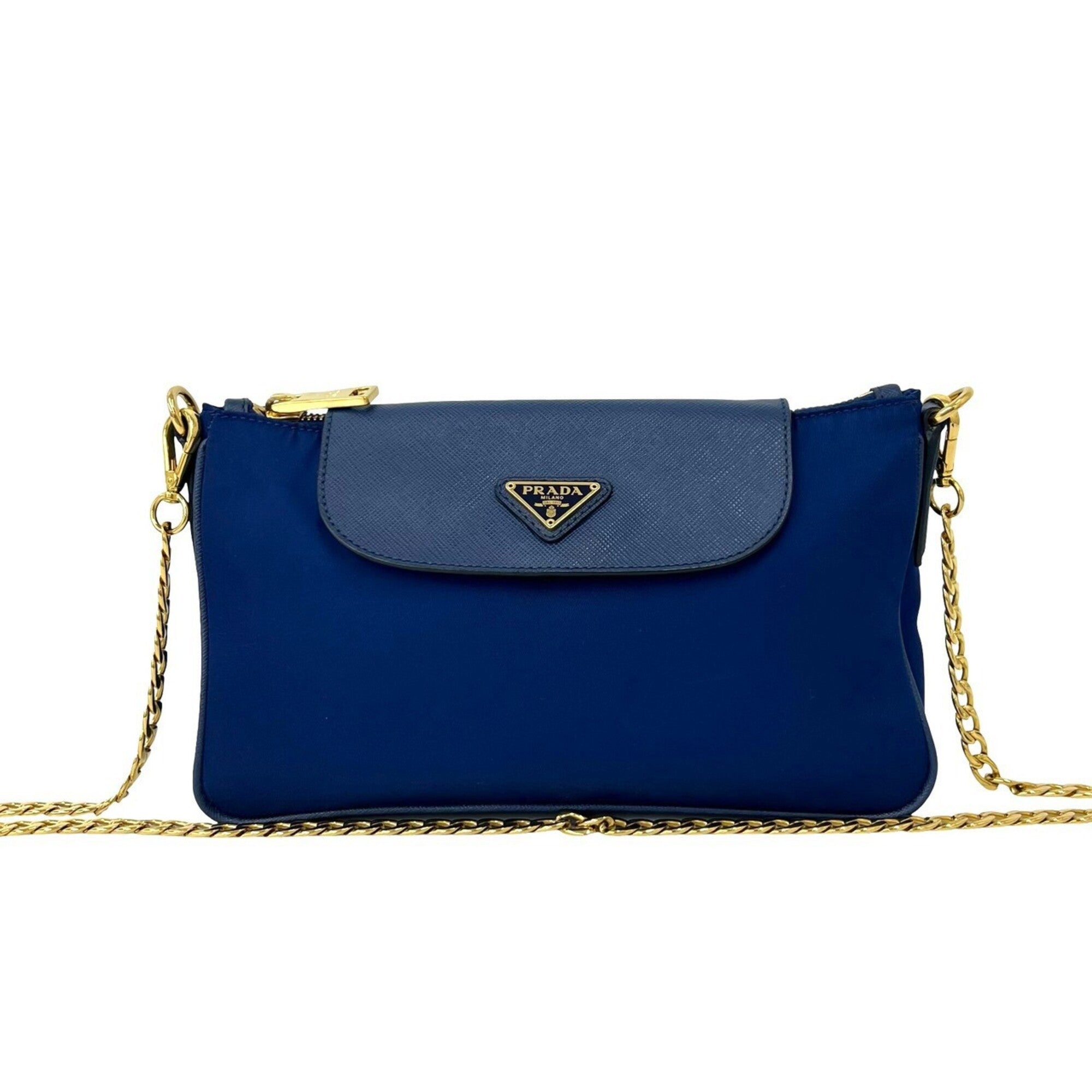 Prada Blue Nylon Leather Pochette Shoulder Bag (Pre-Owned)