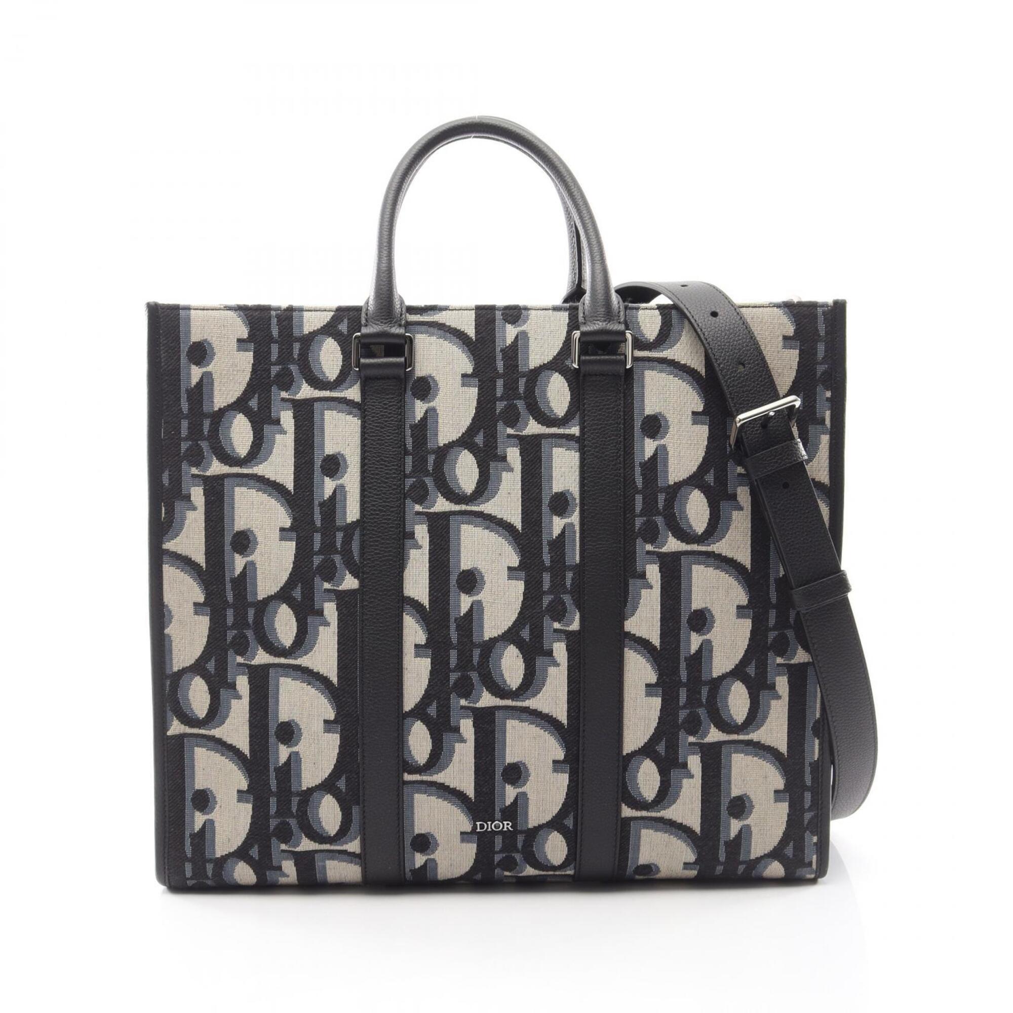 Christian Dior Beige Black Navy Canvas Leather Handbag Tote Bag (Pre-Owned)