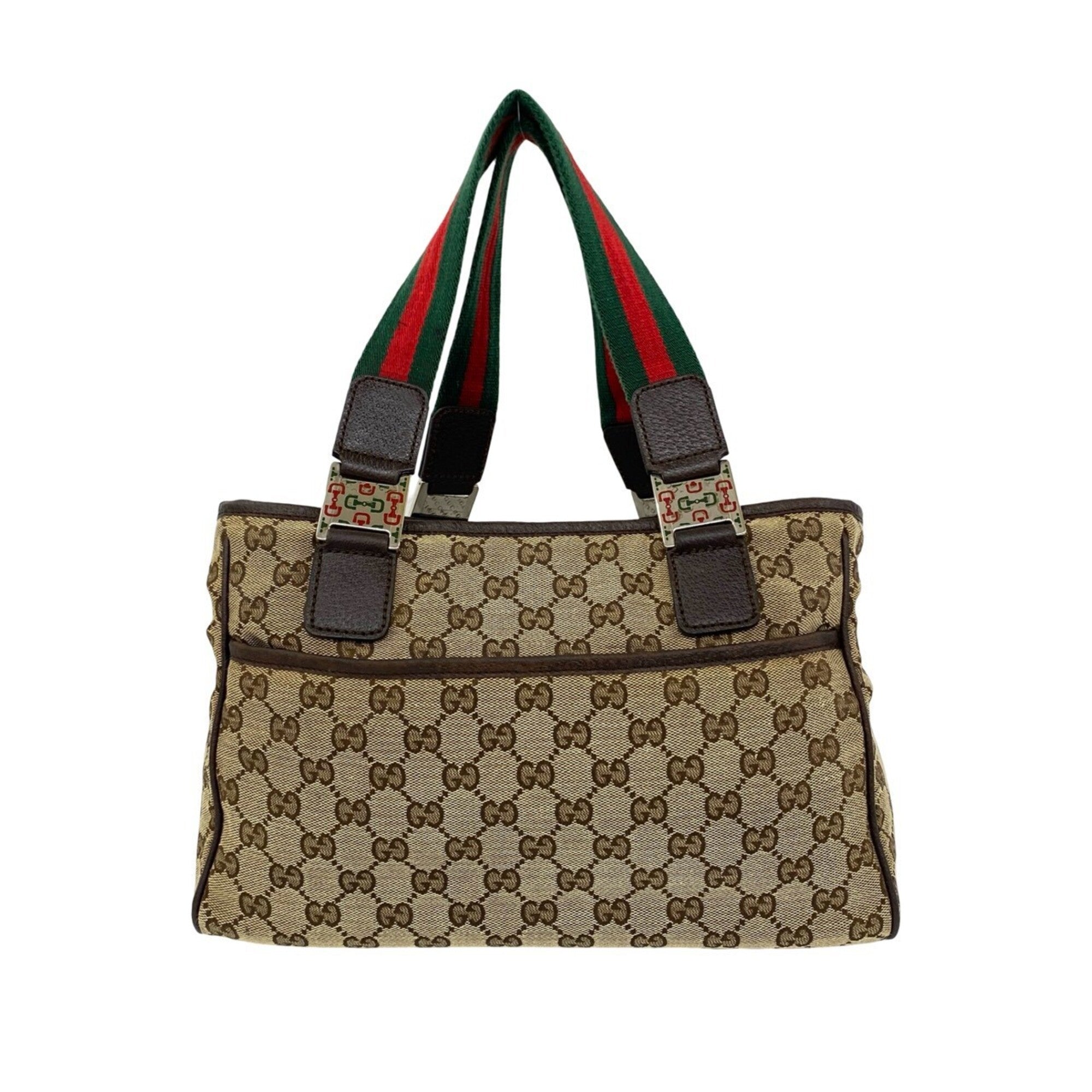 Gucci Brown Green Red Color Canvas Leather Handbag Tote Bag (Pre-Owned)