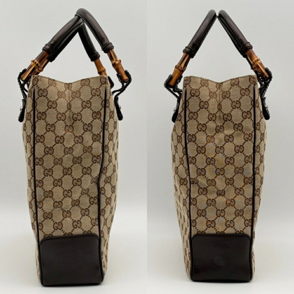 Gucci Beige Brown Bamboo Canvas Leather Tote Bag (Pre-Owned)