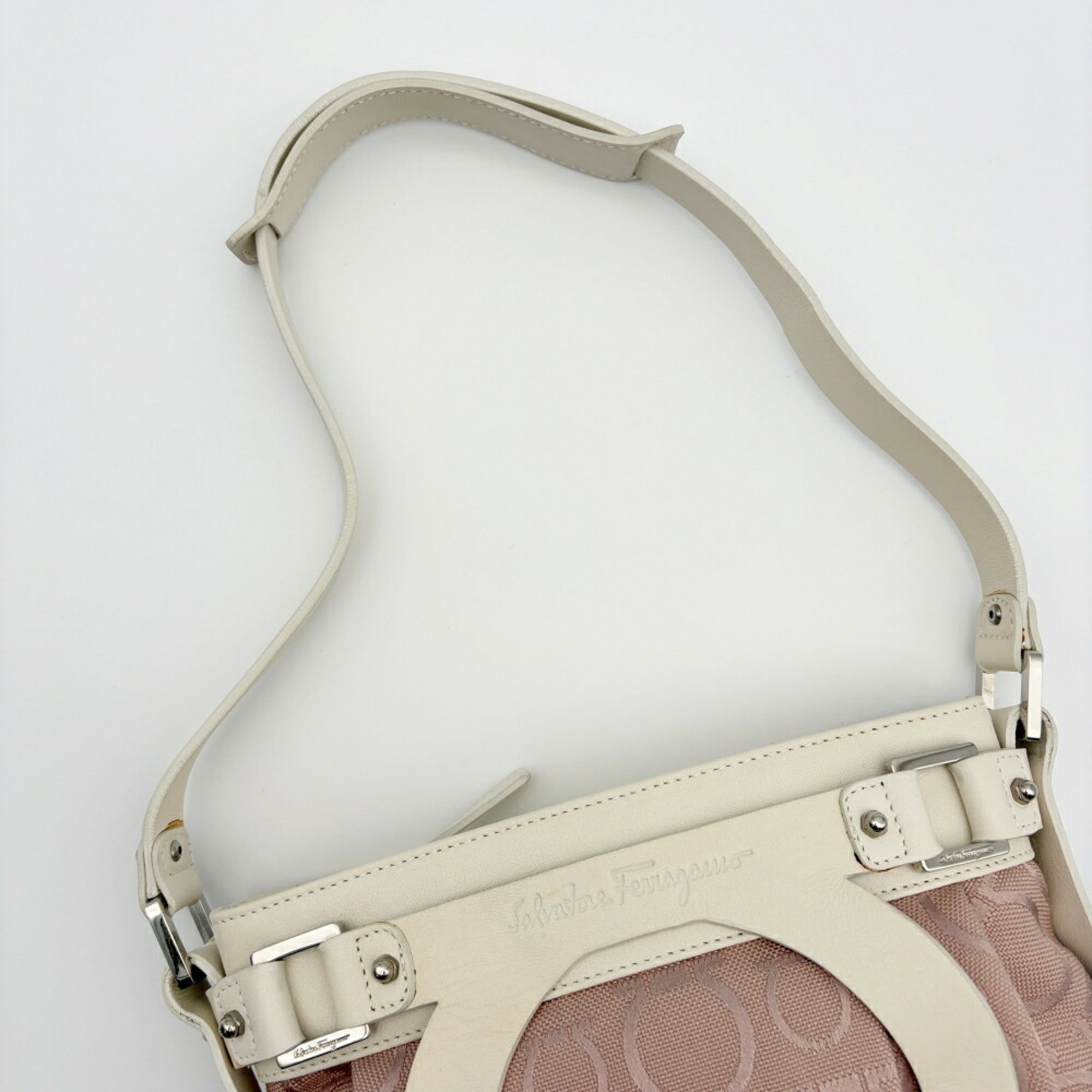 Salvatore Ferragamo Pink White Canvas Leather Shoulder Bag (Pre-Owned)