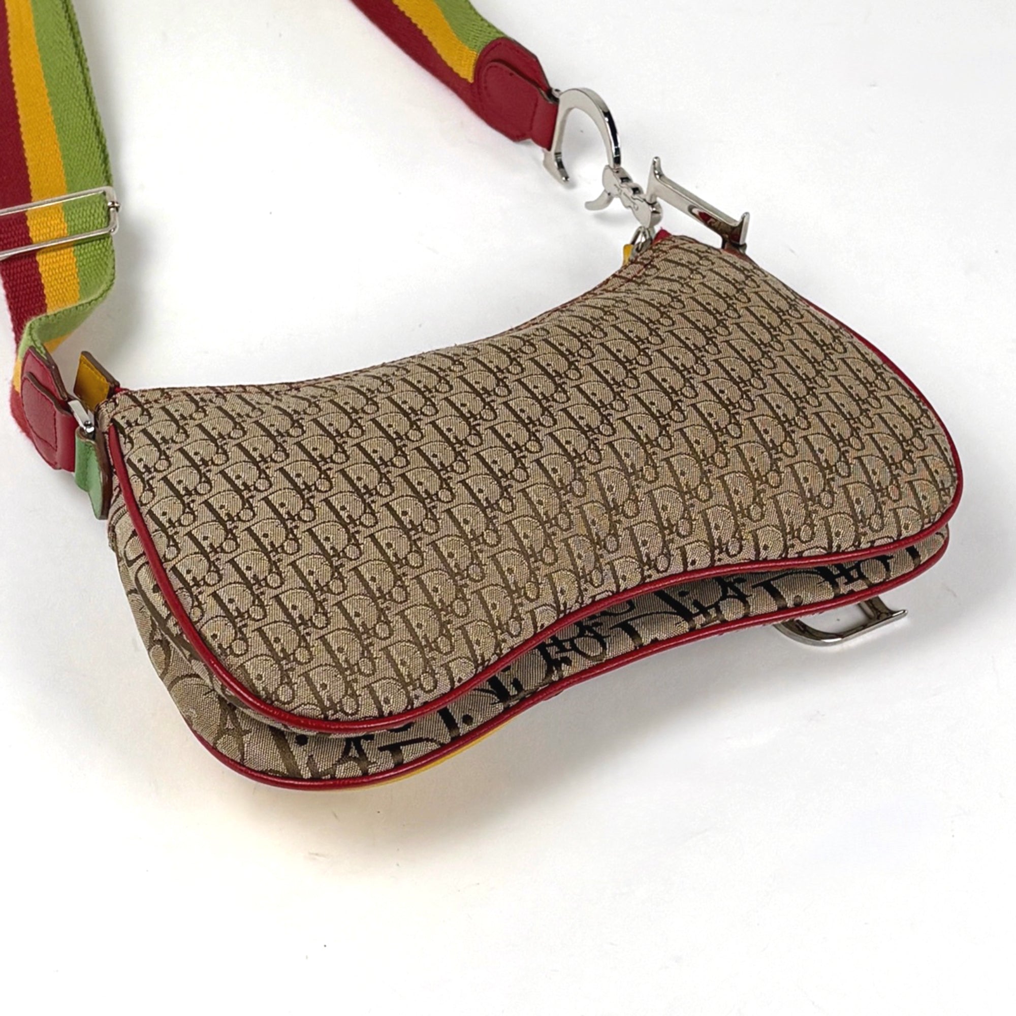 Christian Dior Rasta Brown Multi-Color Canvas Leather Saddle Bag Shoulder Bag (Pre-Owned)