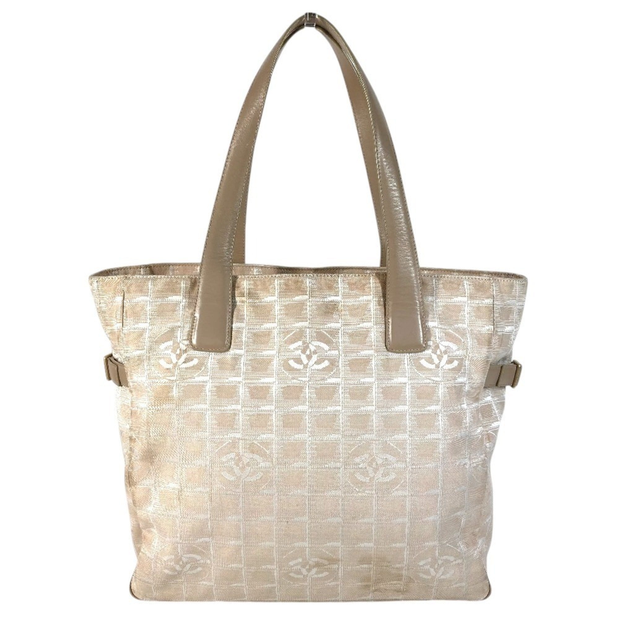 Chanel Beige Nylon Leather Shoulder Bag Tote Bag (Pre-Owned)