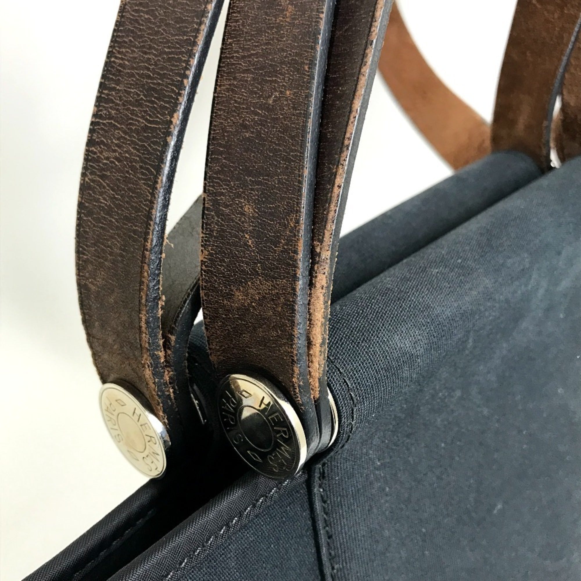 Hermes Black Toile Officier Leather Handbag Shoulder Bag Tote Bag (Pre-Owned)