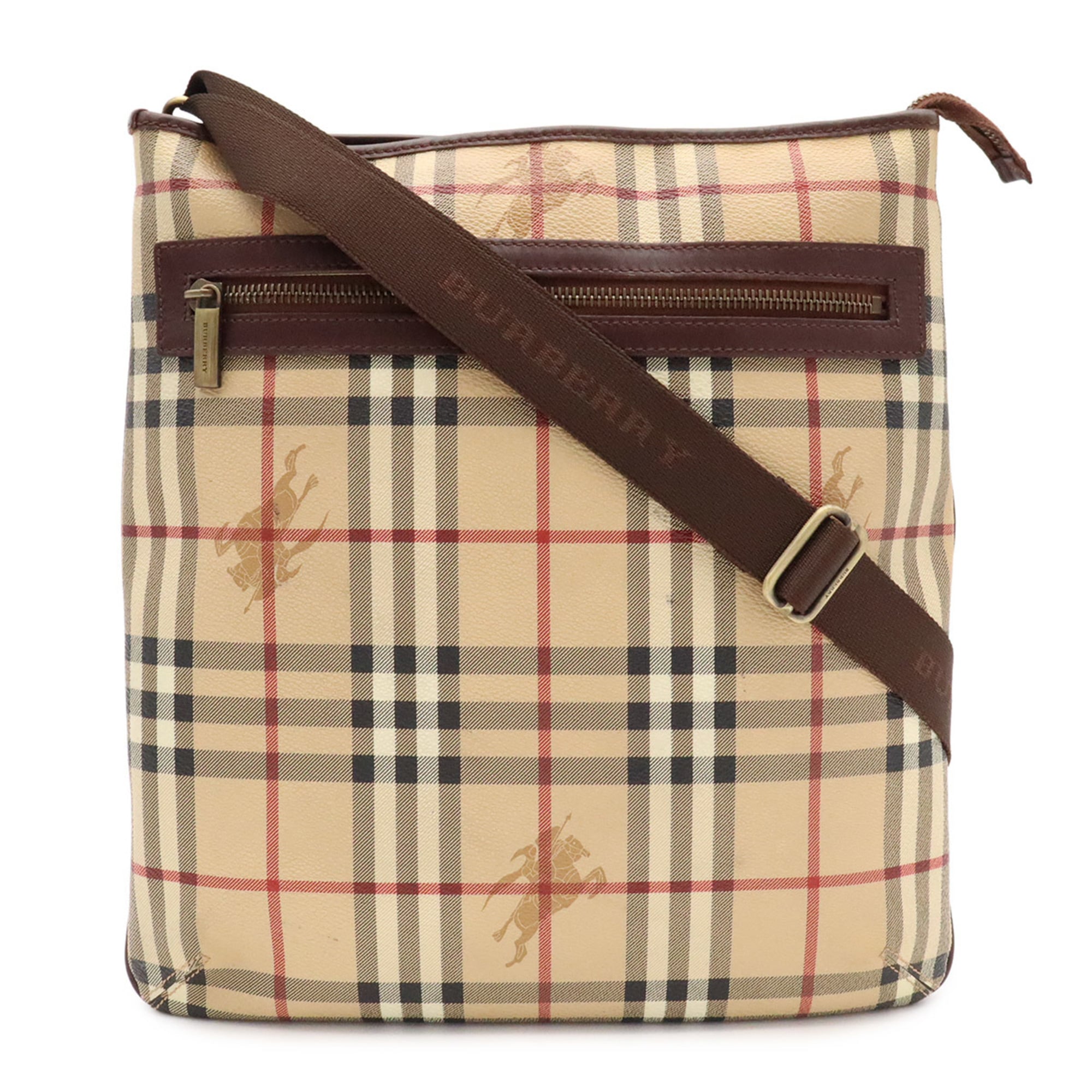 Burberry Beige Black Bordeaux Dark Brown Coated Canvas Leather Shoulder Bag (Pre-Owned)