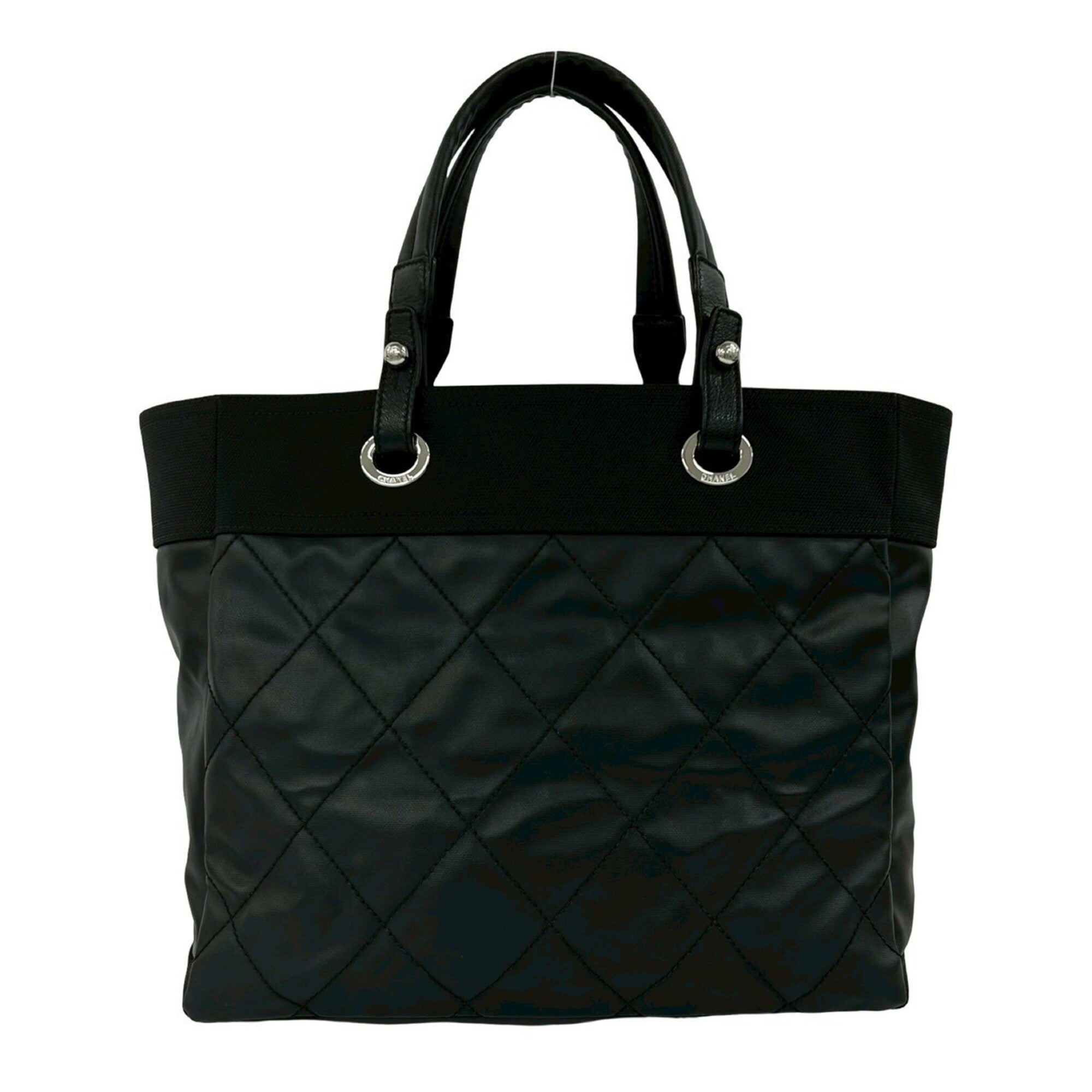 Chanel Black Leather Canvas Handbag Tote Bag (Pre-Owned)