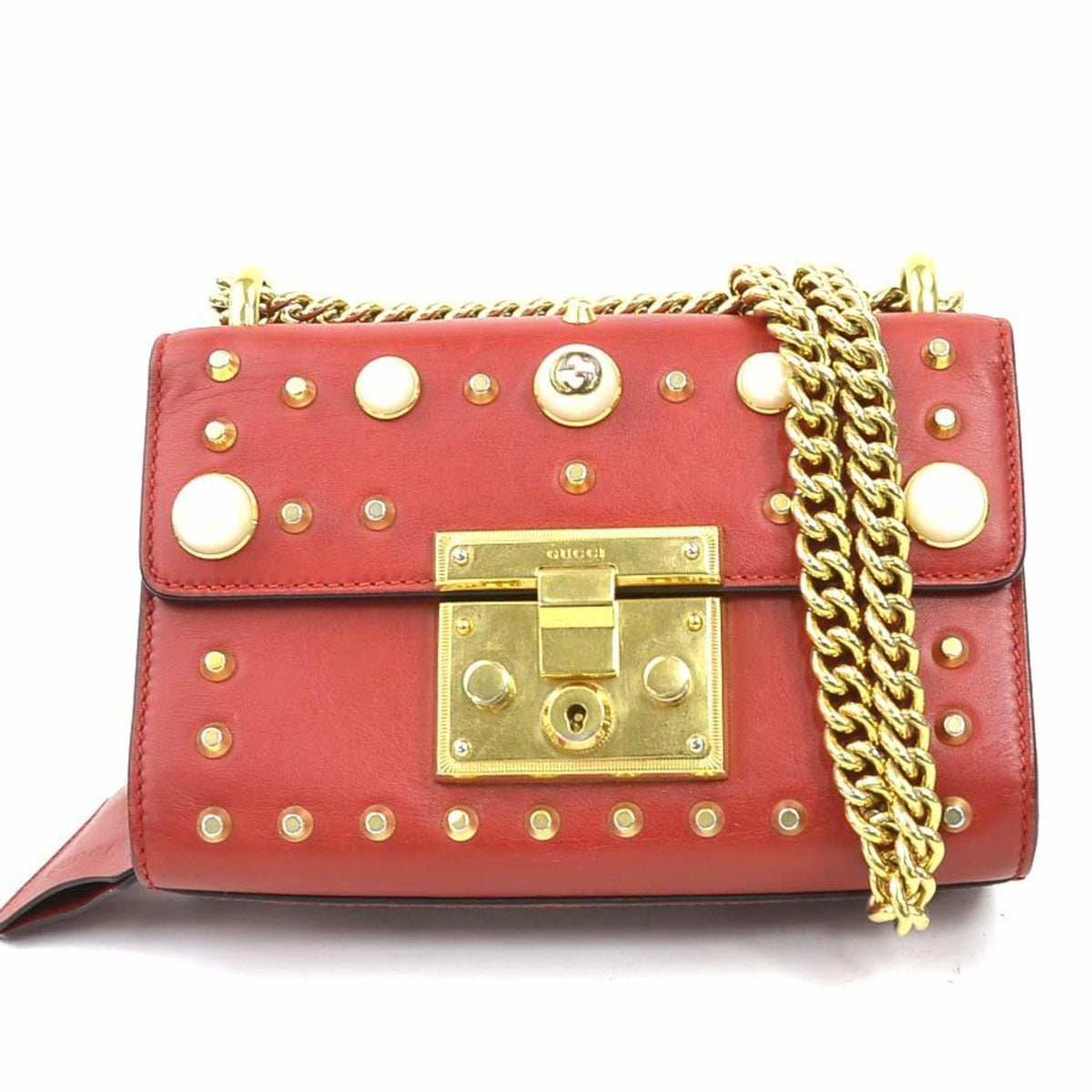 Gucci Red Color Leather Artificial Pearl Metal Shoulder Bag (Pre-Owned)