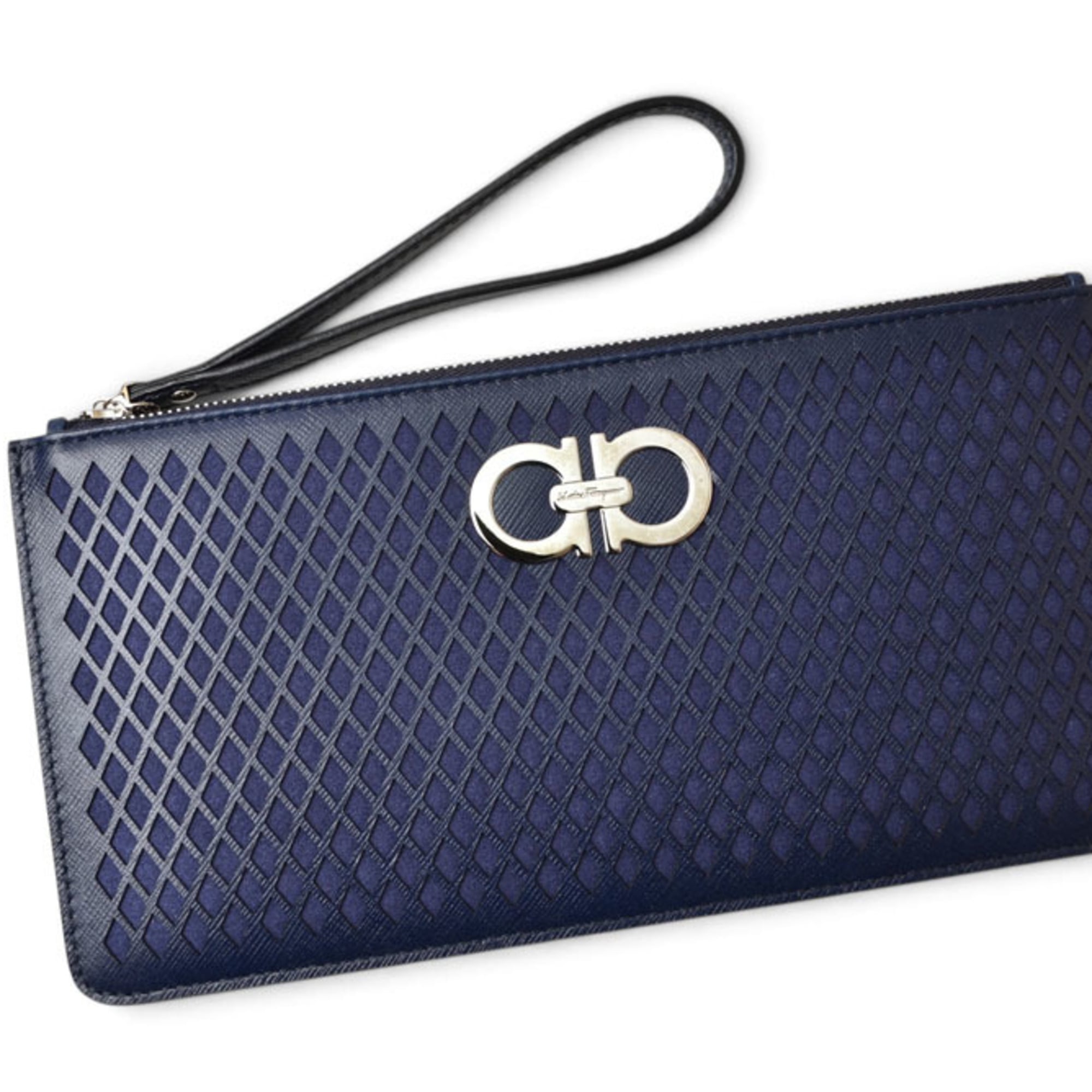Salvatore Ferragamo Navy Leather Clutch Bag Pouch (Pre-Owned)