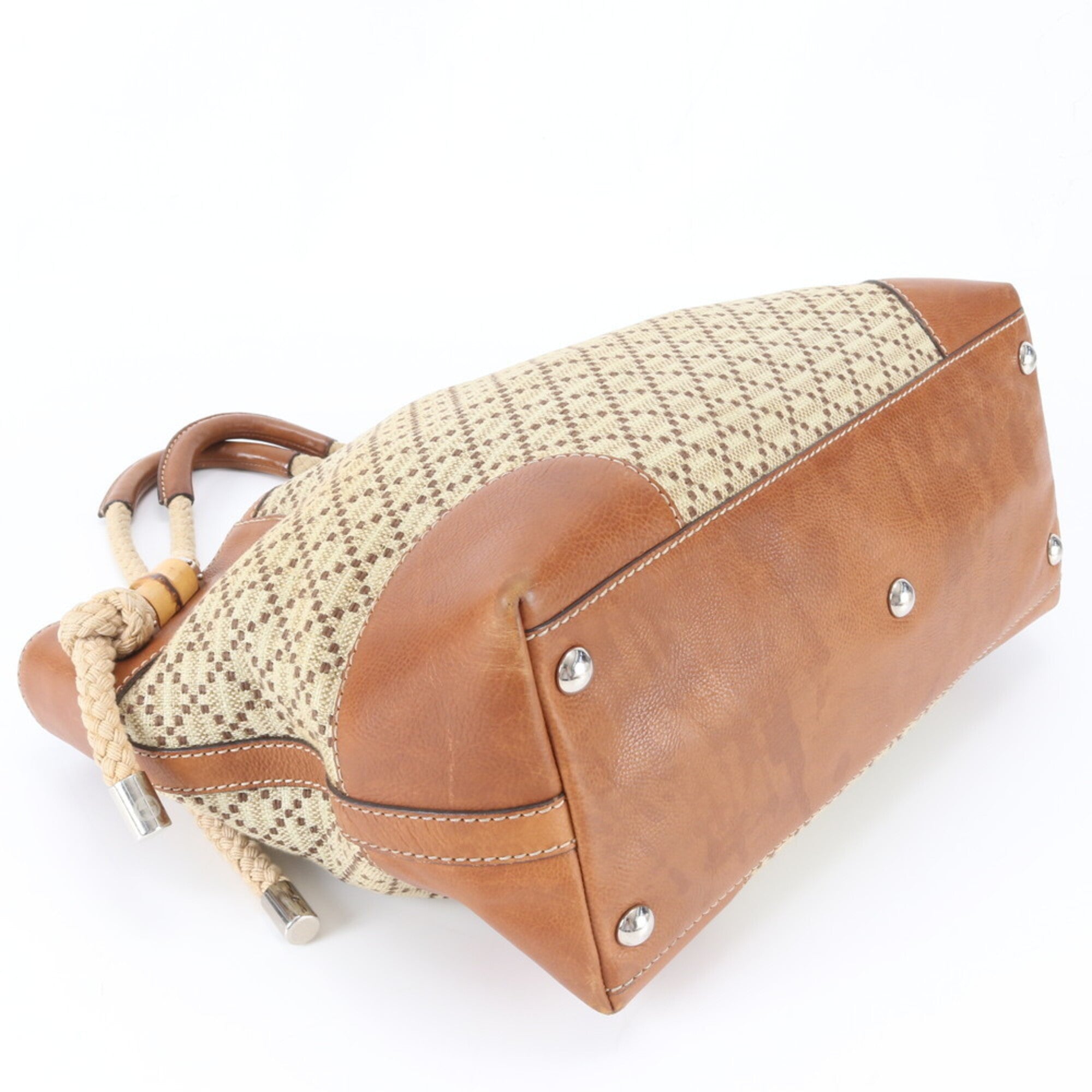 Gucci Diamante Beige Brown Leather Canvas Handbag (Pre-Owned)