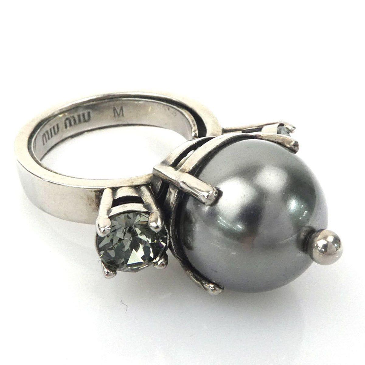 Miu Miu Silver Artificial Pearl Metal Band Ring (Pre-Owned)