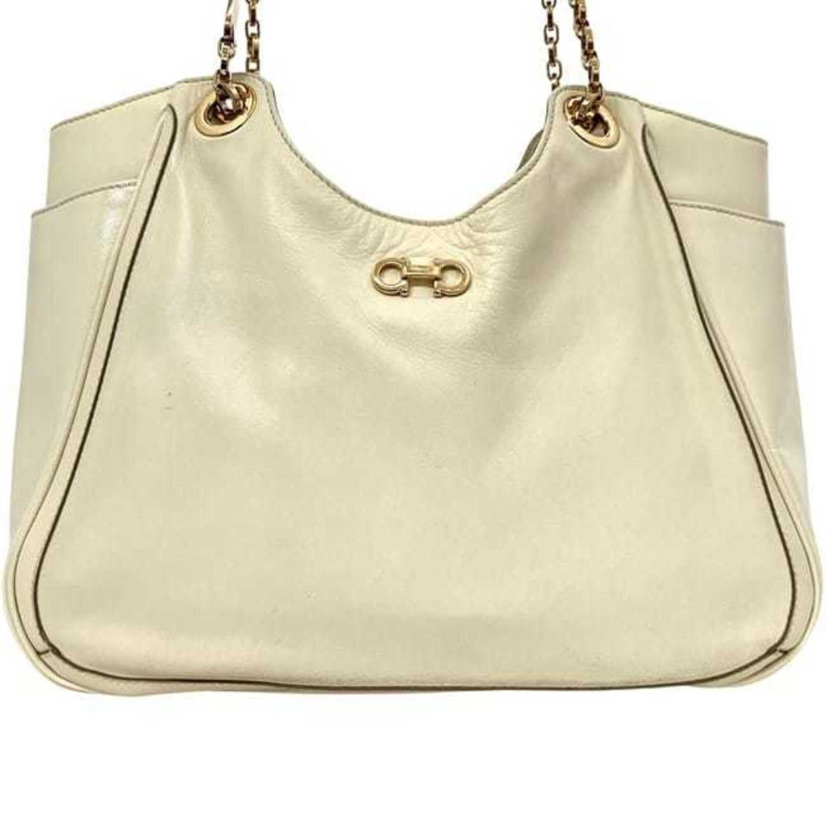 Salvatore Ferragamo Gancini Cream White Leather Tote Bag (Pre-Owned)