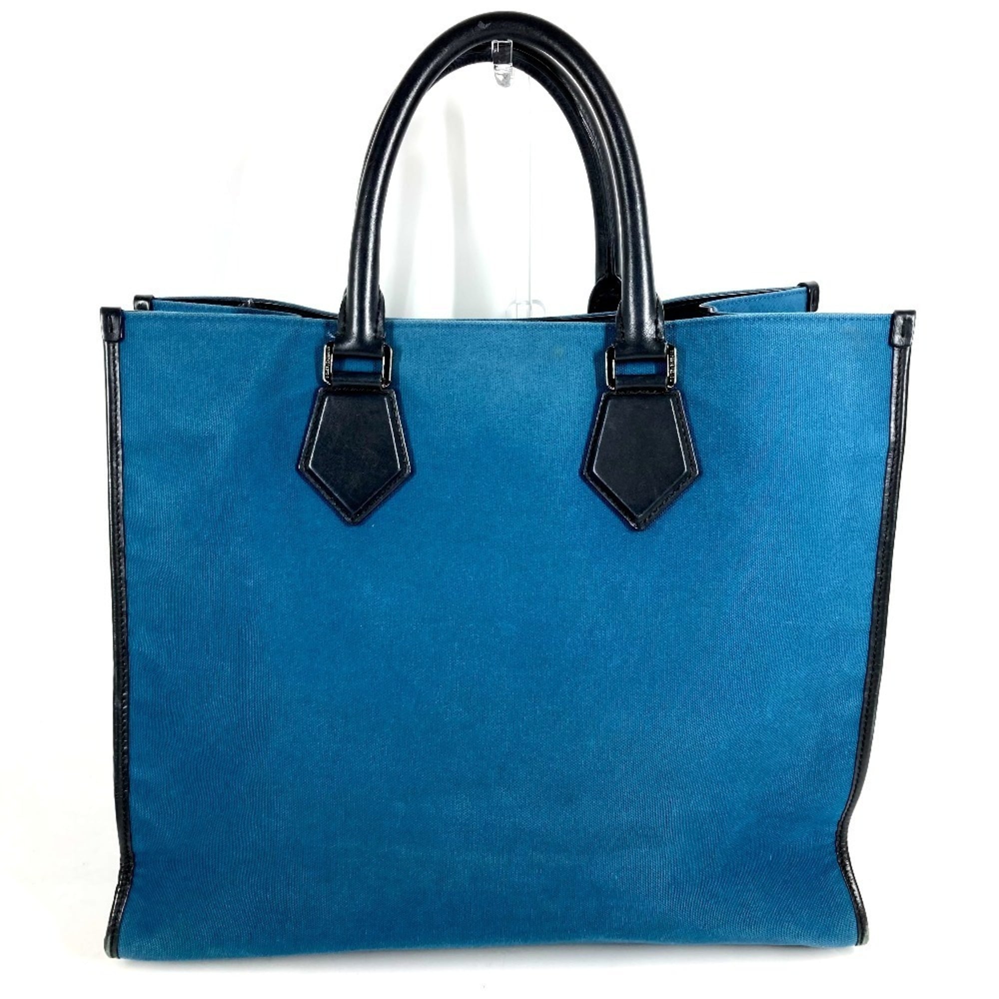 Dolce & Gabbana Black Blue Leather Canvas Shopping Bag Shoulder Bag Tote Bag (Pre-Owned)
