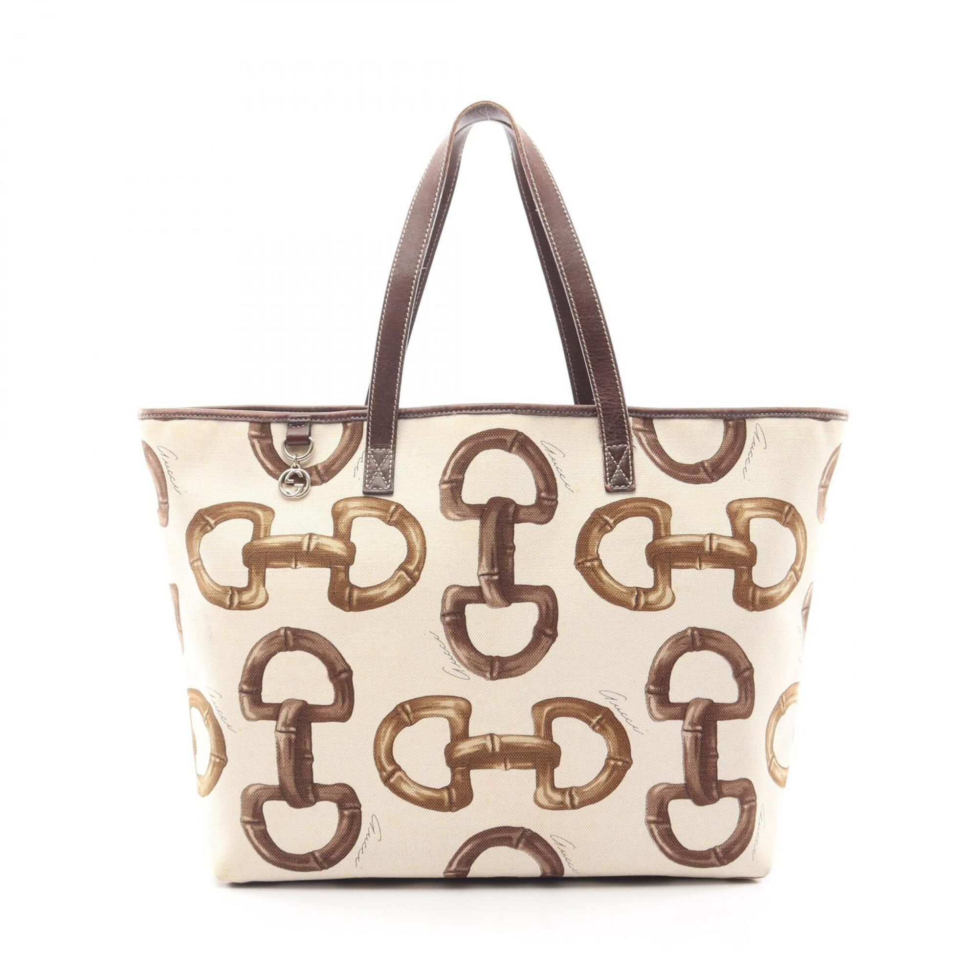 Gucci Brown White Canvas Leather Handbag Tote Bag (Pre-Owned)