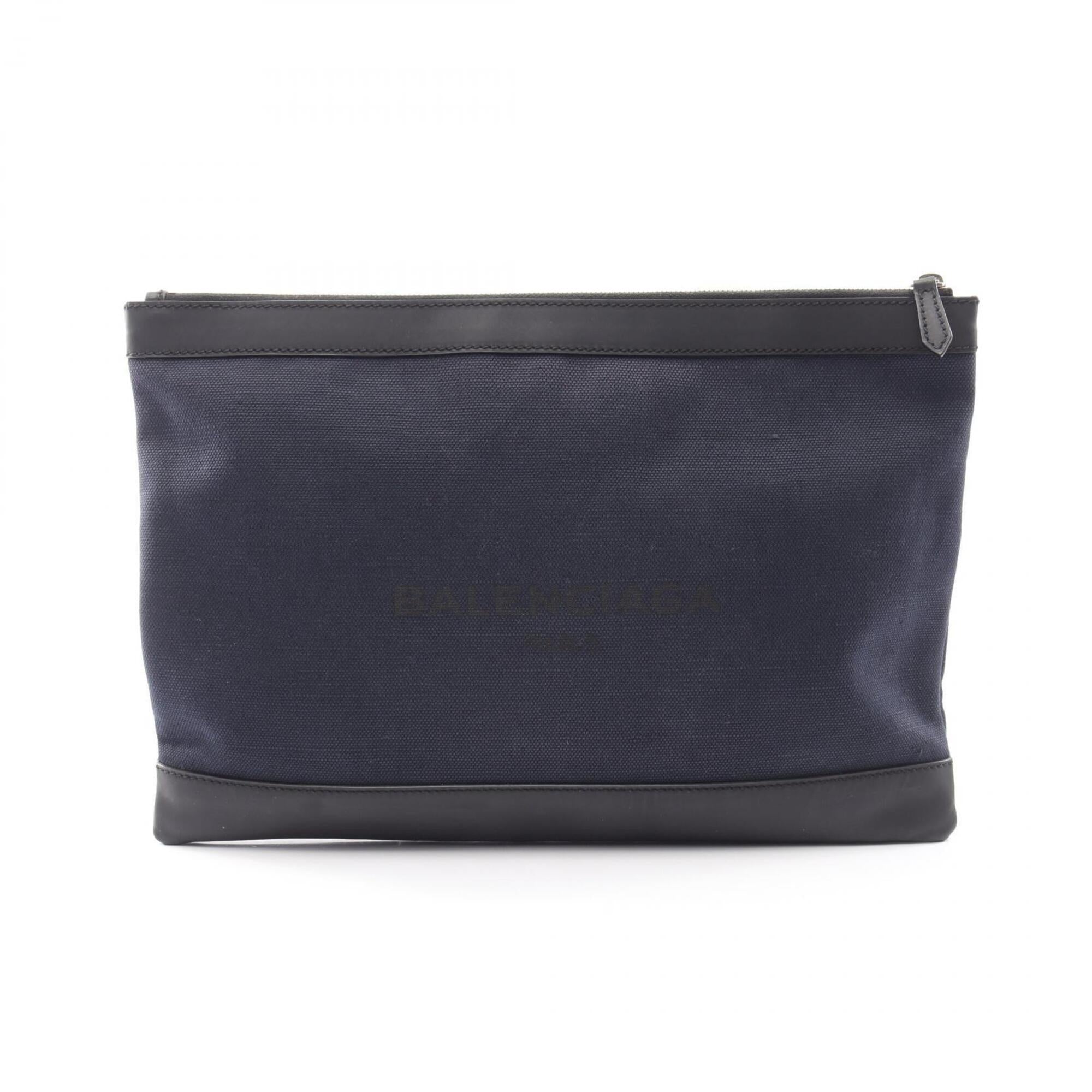 Balenciaga Black Navy Canvas Leather Clutch Bag Handbag (Pre-Owned)