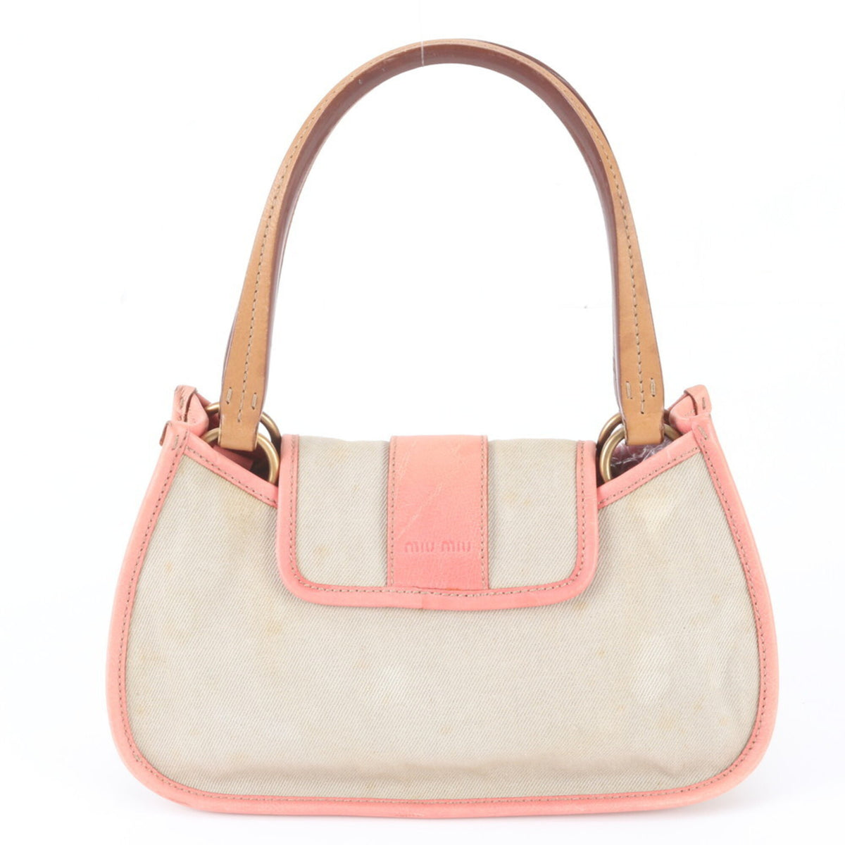 Miu Miu Beige Pink Leather Canvas Handbag Shoulder Bag Tote Bag (Pre-Owned)
