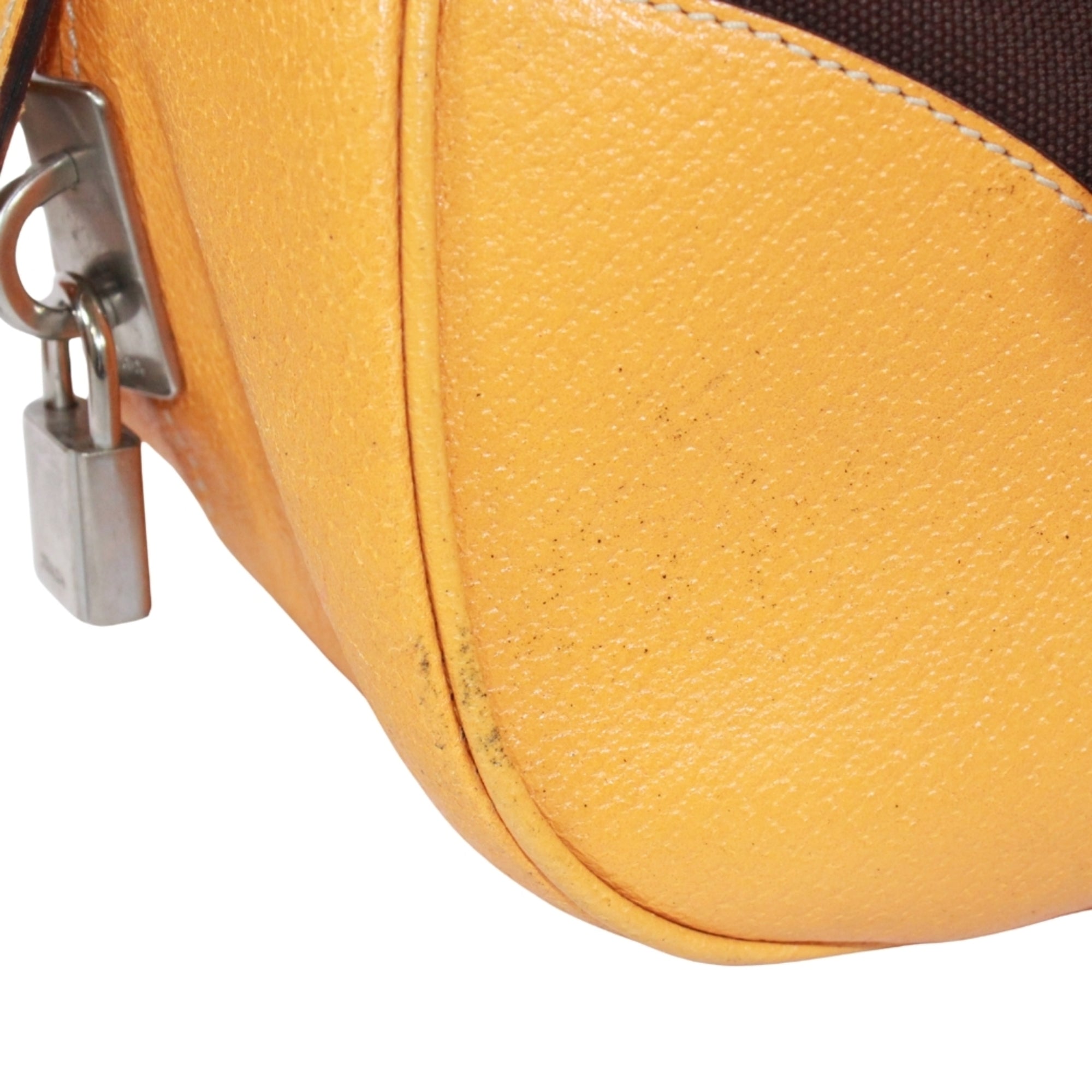 Prada Brown Yellow Leather Canvas Boston Bag Handbag (Pre-Owned)