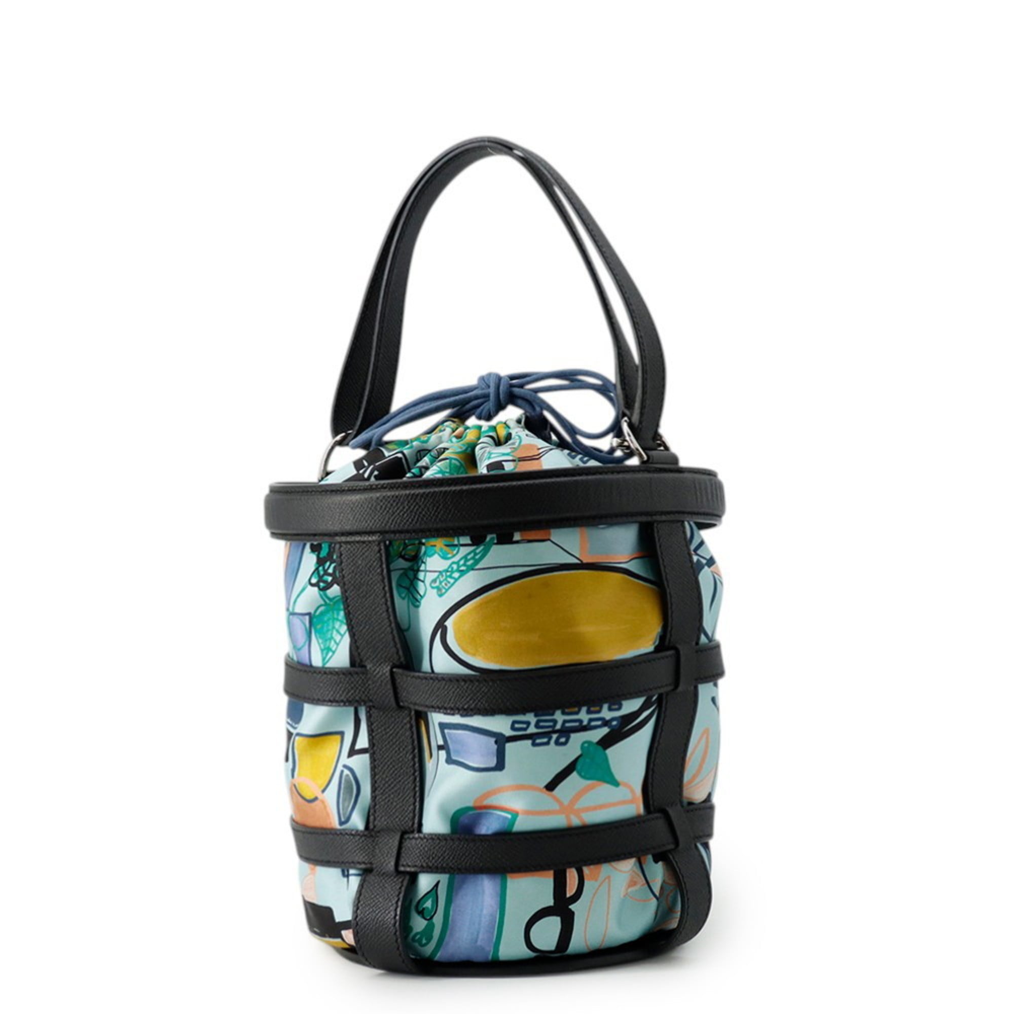 Hermes Kara Black Multi-Color Epsom Leather Silk Handbag (Pre-Owned)