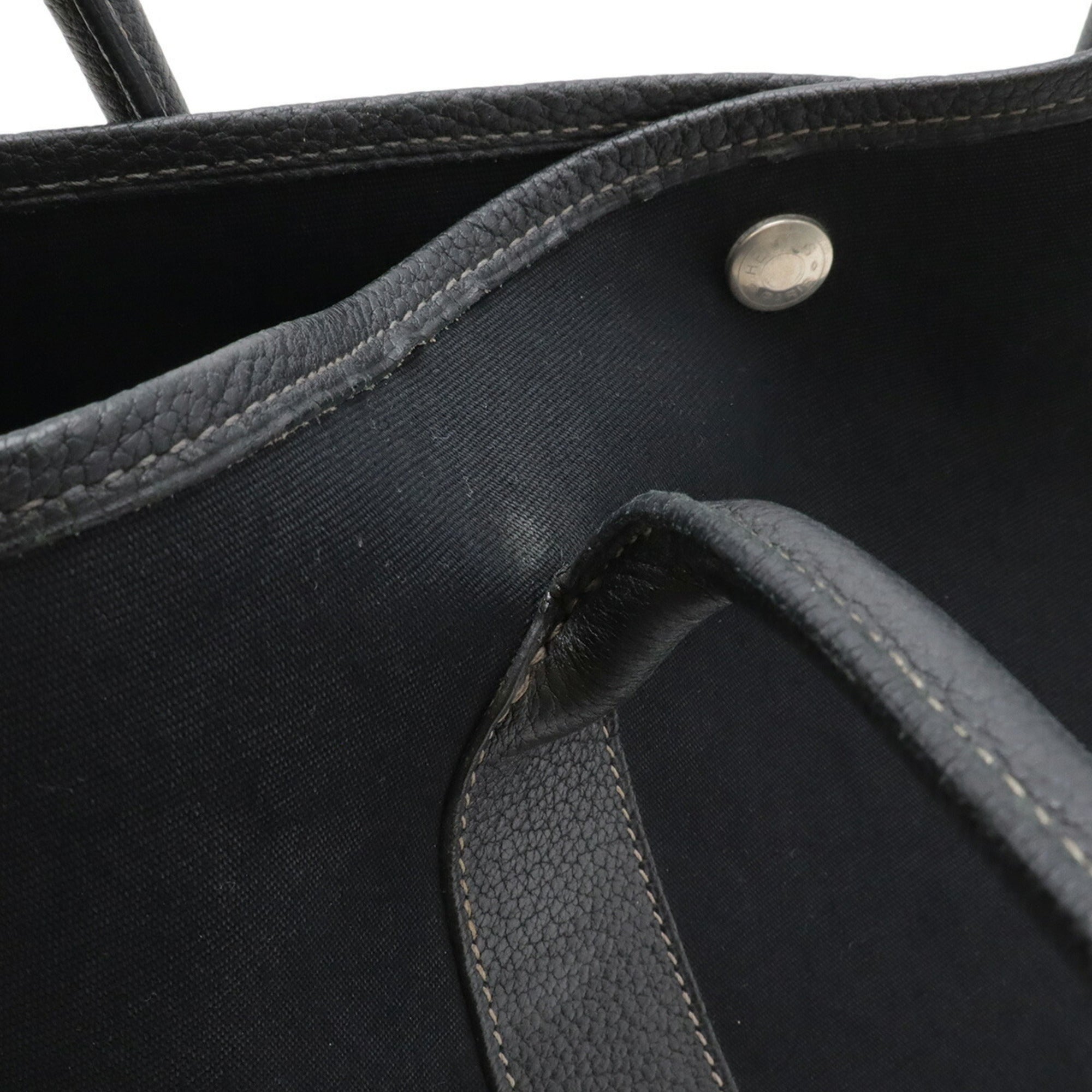 Hermes Garden Black Toile Officier Leather Handbag Tote Bag (Pre-Owned)