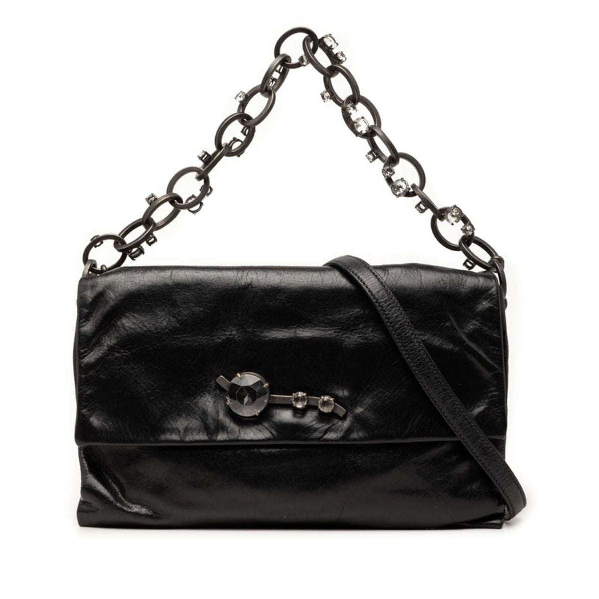 Miu Miu Black Leather Rhinestone Handbag Shoulder Bag (Pre-Owned)