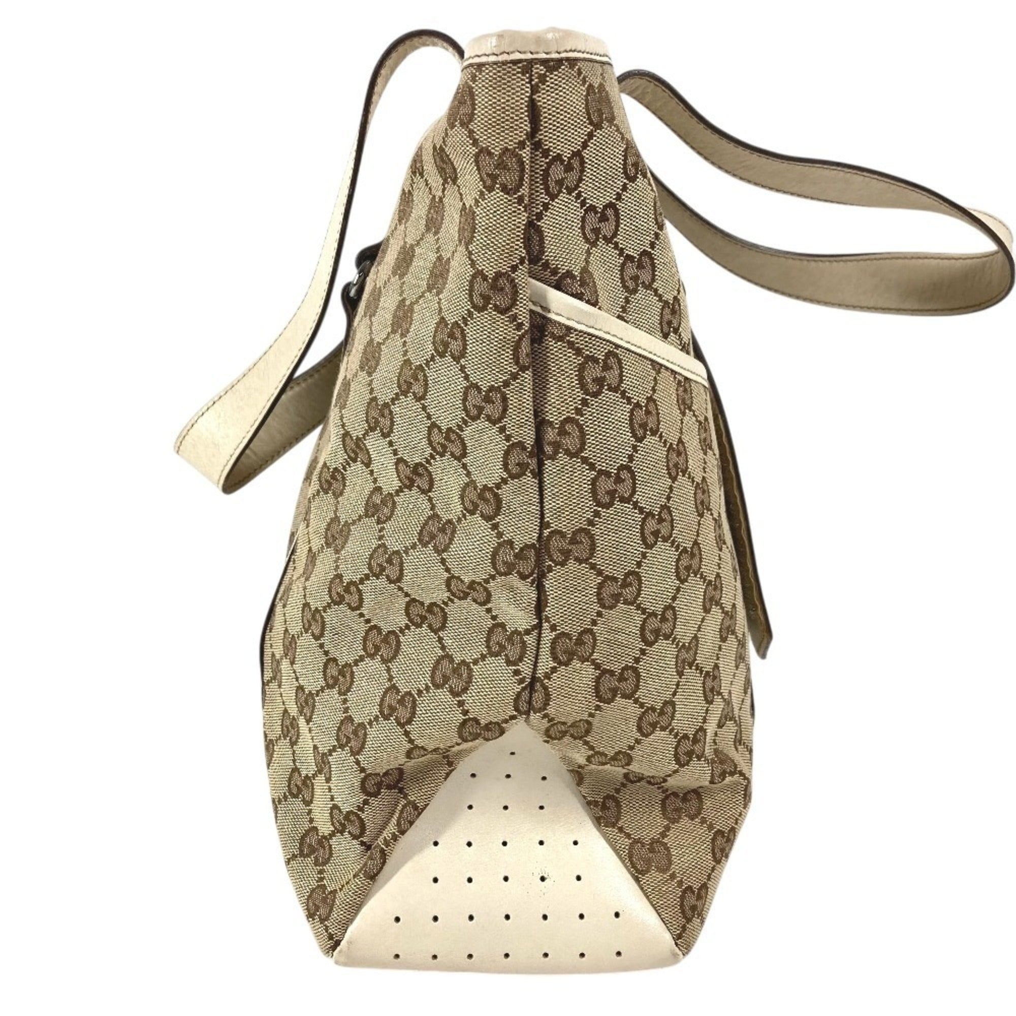 Gucci Beige White Gg Canvas Leather Shoulder Bag Tote Bag (Pre-Owned)
