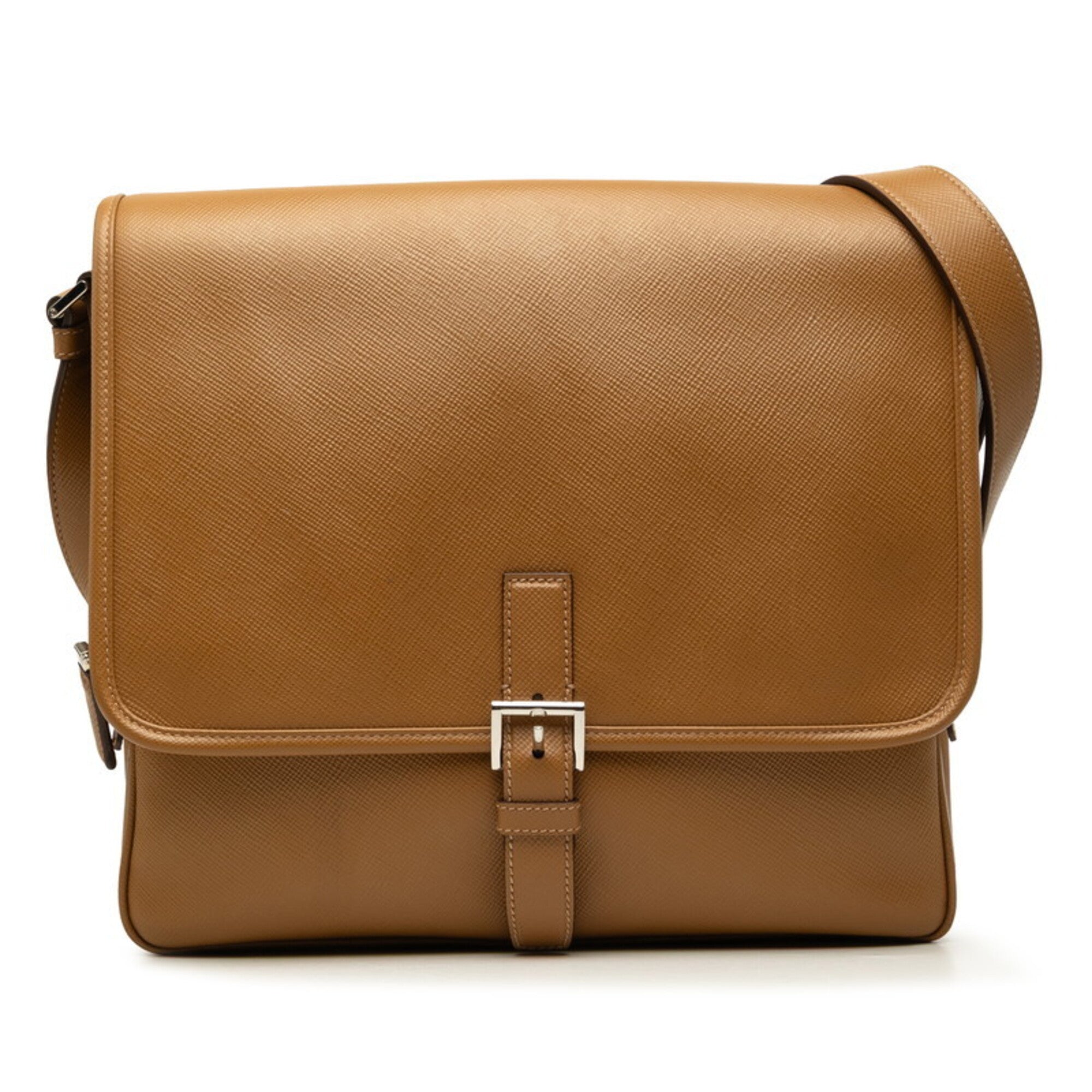 Prada Brown Leather Messenger Bag Shoulder Bag (Pre-Owned)