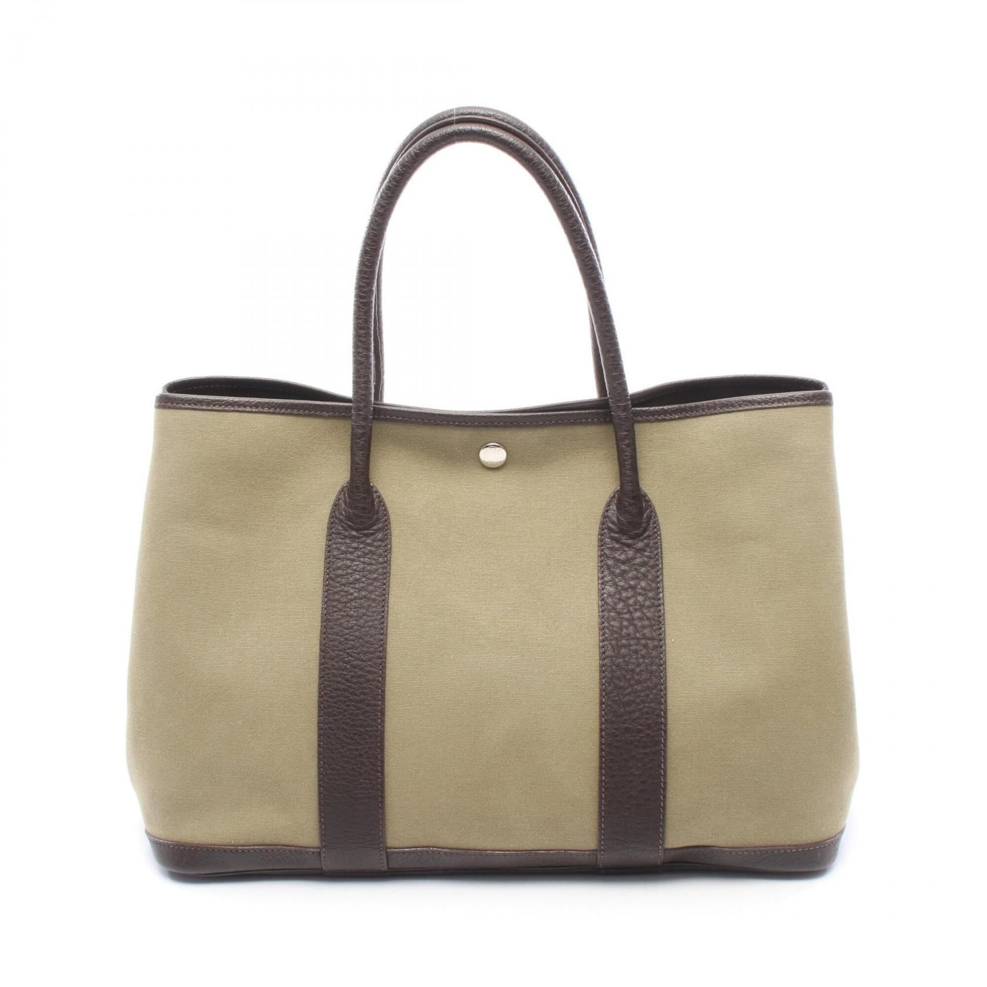 Hermes Brown Khaki Toile Officier Leather Handbag Tote Bag (Pre-Owned)