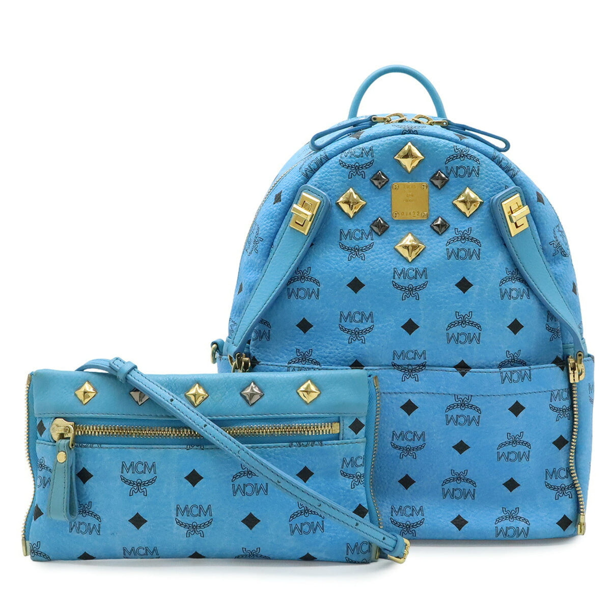 Mcm Visetos Blue Coated Canvas Leather Backpack Shoulder Bag (Pre-Owned)