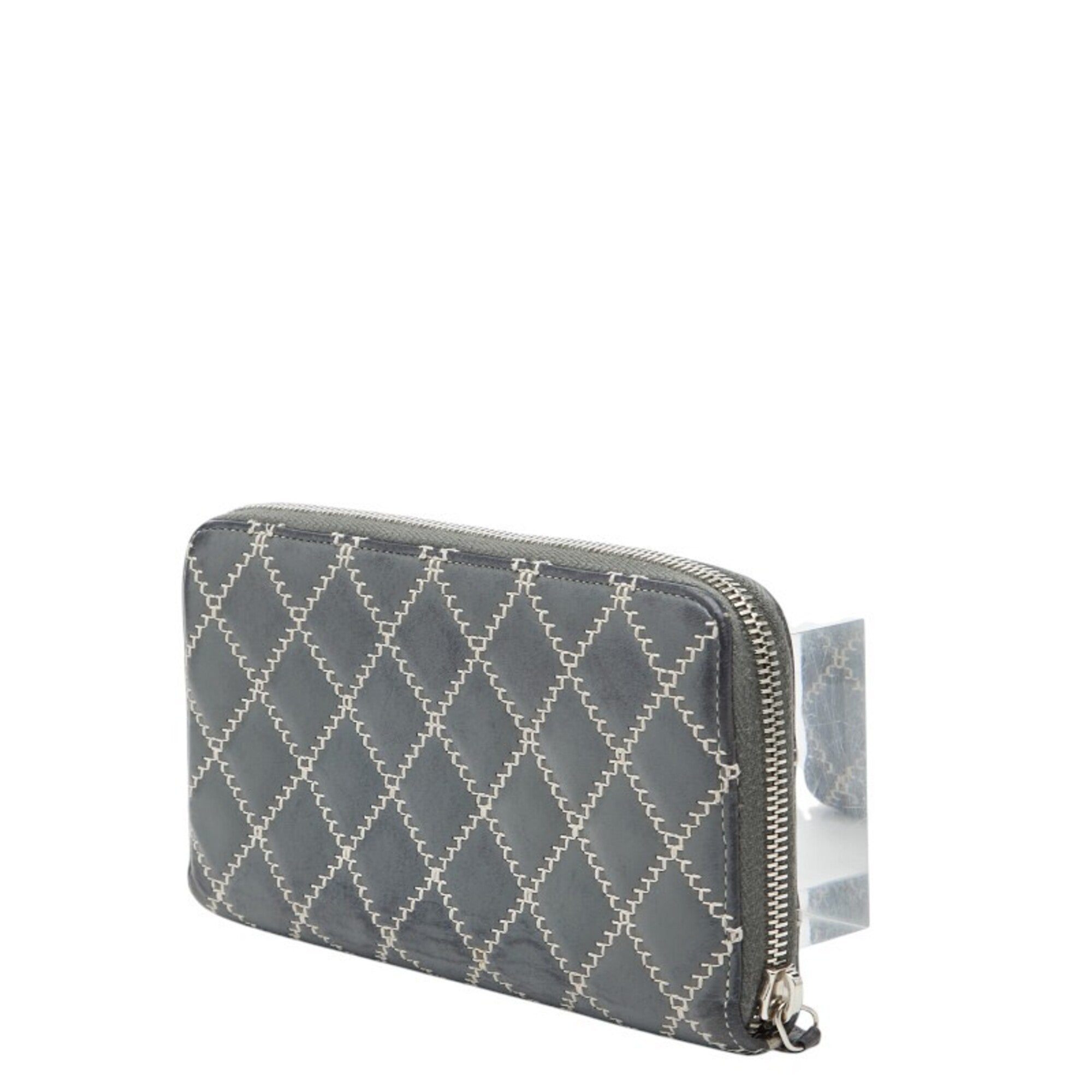 Chanel Gray Leather Long Wallet (Bi-Fold) (Pre-Owned)
