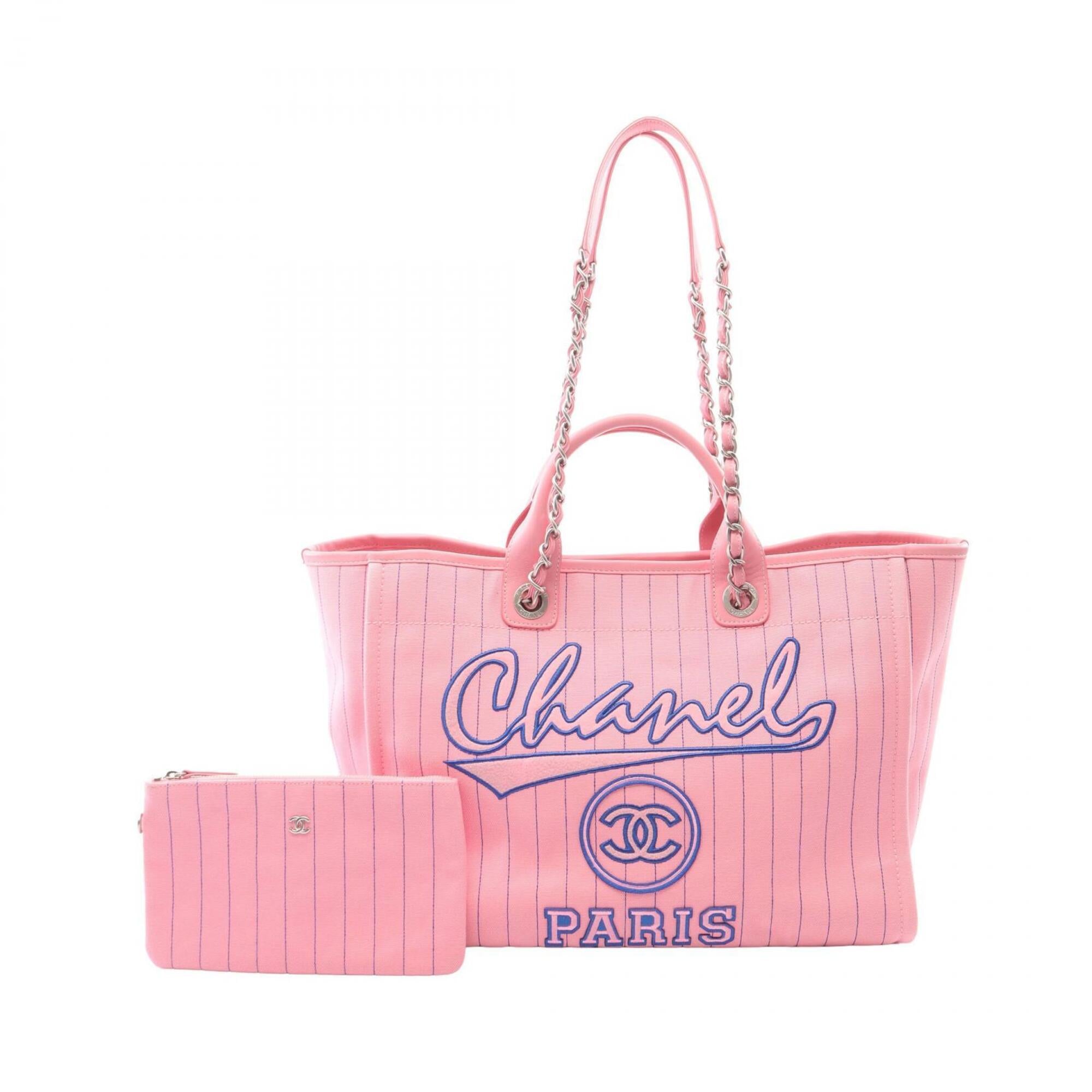 Chanel Blue Pink Canvas Leather Handbag Tote Bag (Pre-Owned)