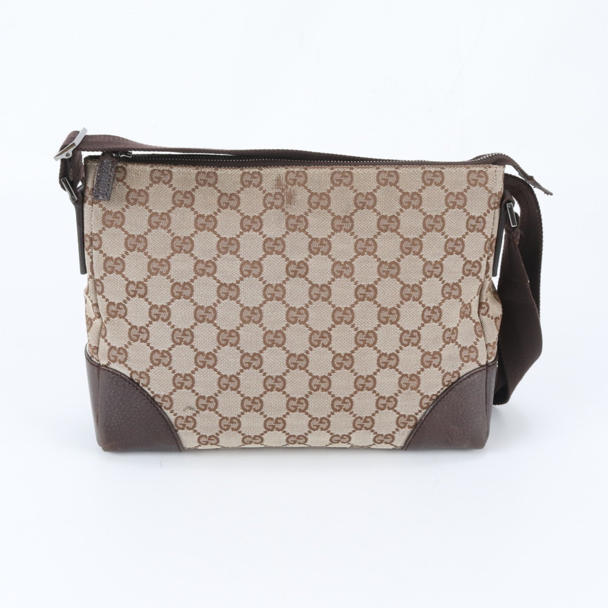 Gucci Beige Brown Leather Canvas Messenger Bag Shoulder Bag (Pre-Owned)