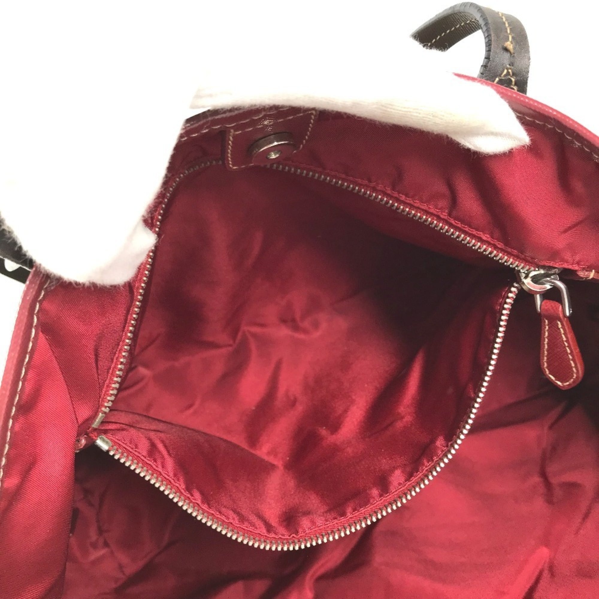 Prada Khaki Red Color Leather Nylon Shoulder Bag Tote Bag (Pre-Owned)