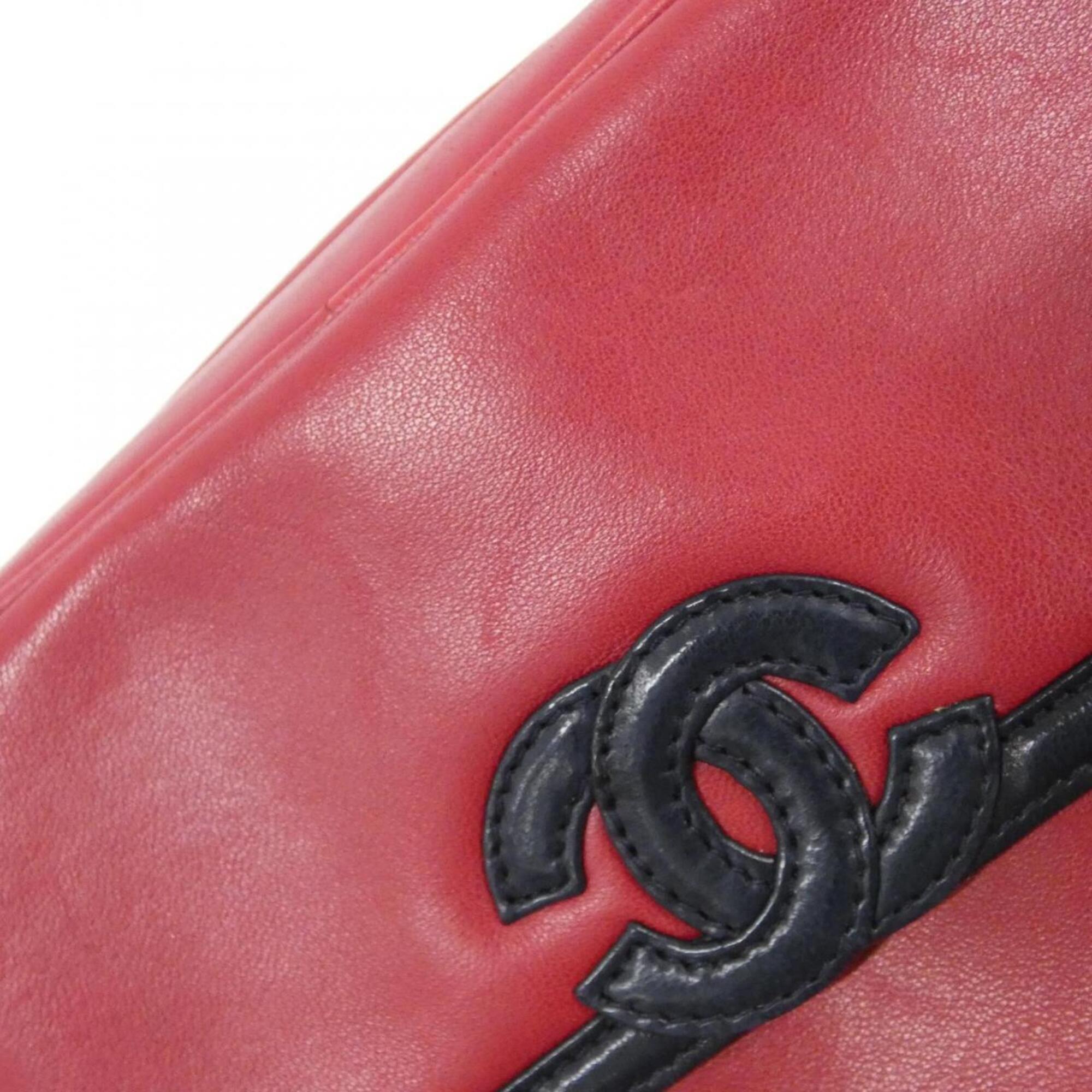 Chanel Navy Red Color Leather Shoulder Bag (Pre-Owned)