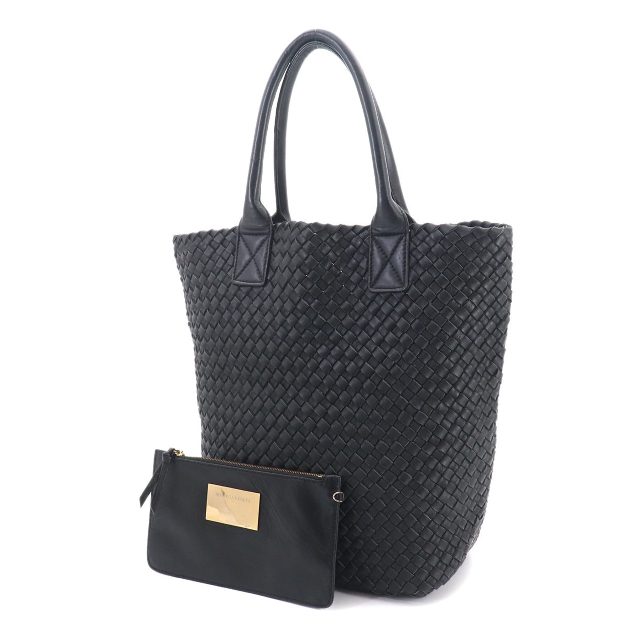 Bottega Veneta Black Intrecciato Leather Handbag Tote Bag (Pre-Owned)